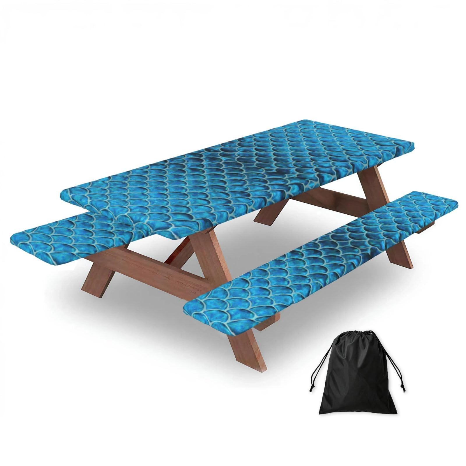 Zyjhyy Black Blue Fish Scale. Print Party Table Covers With Bench Covers Set Of 3 Picnic Table Cloth Wipe Clean For Garden Camping