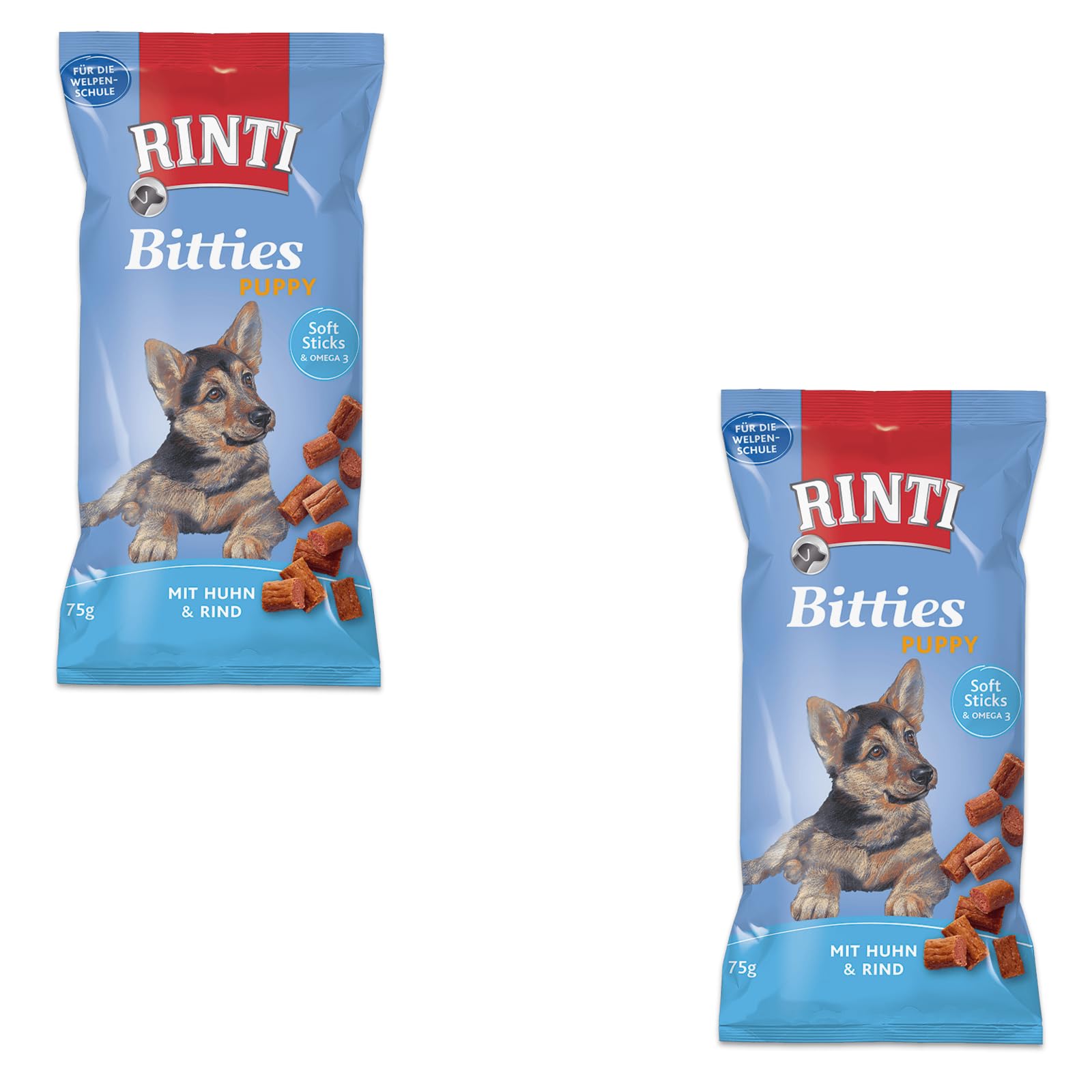 Rinti Bitties Puppy - Huhn & Rind | Doppelpack | 2 x 75 g | Ergänzungsfuttermittel für heranwachsende Hunde | Mit Omega 3 für die Gehirnentwicklung | Ohne Zucker & Soja