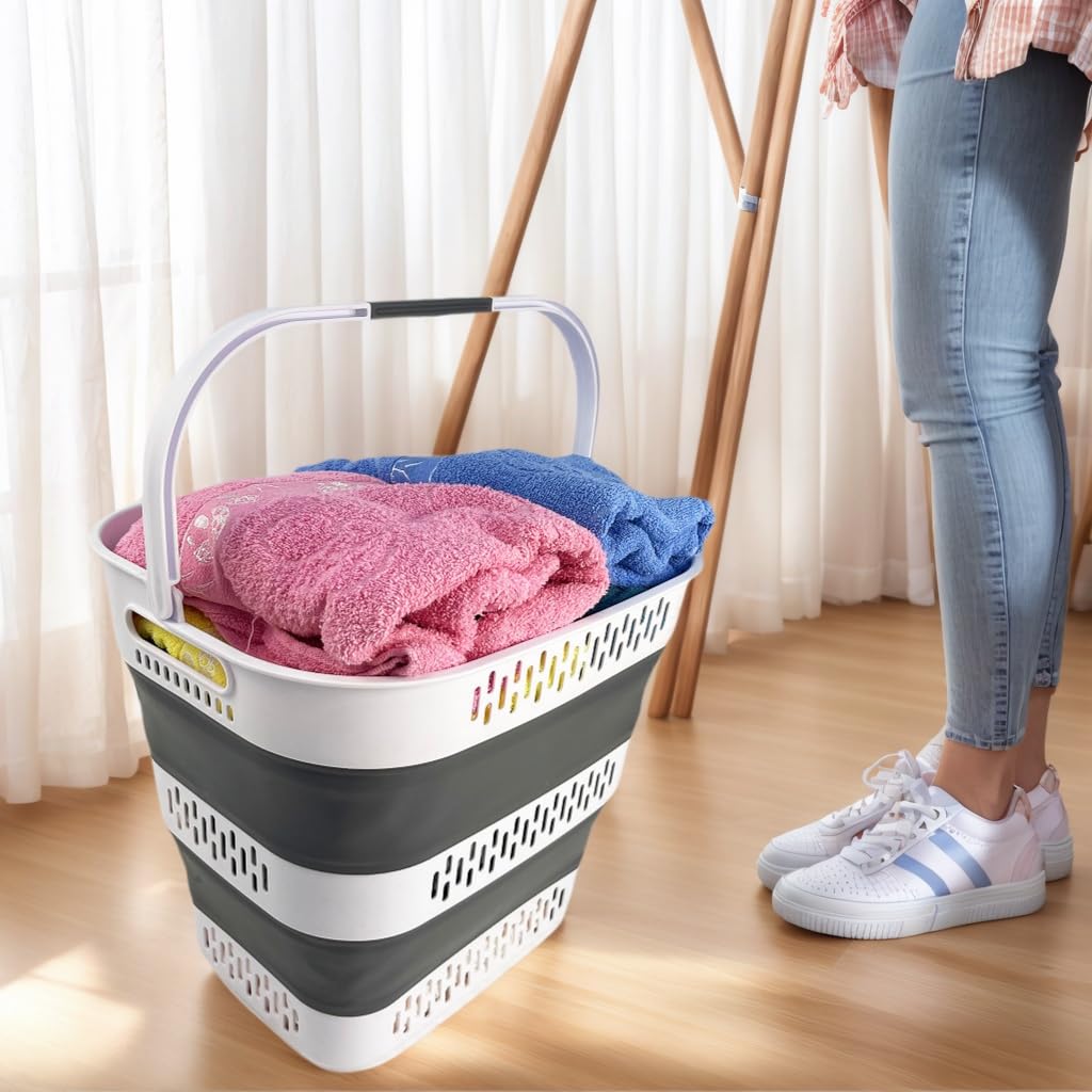 SAMMART 40L Zusammenklappbarer Wäschekorb aus Kunststoff mit Griffen – faltbarer Pop-Up-Aufbewahrungsbehälter/Organizer – tragbarer Wäschesammler – platzsparend (1, Weiß/Stahlgrau)