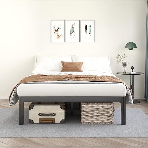 Miniatura 7 de MAF Marco de cama de metal de 18 pulgadas de tamaño matrimonial con patas redondas anticolisión, marco de cama negro resistente de 3500 libras con