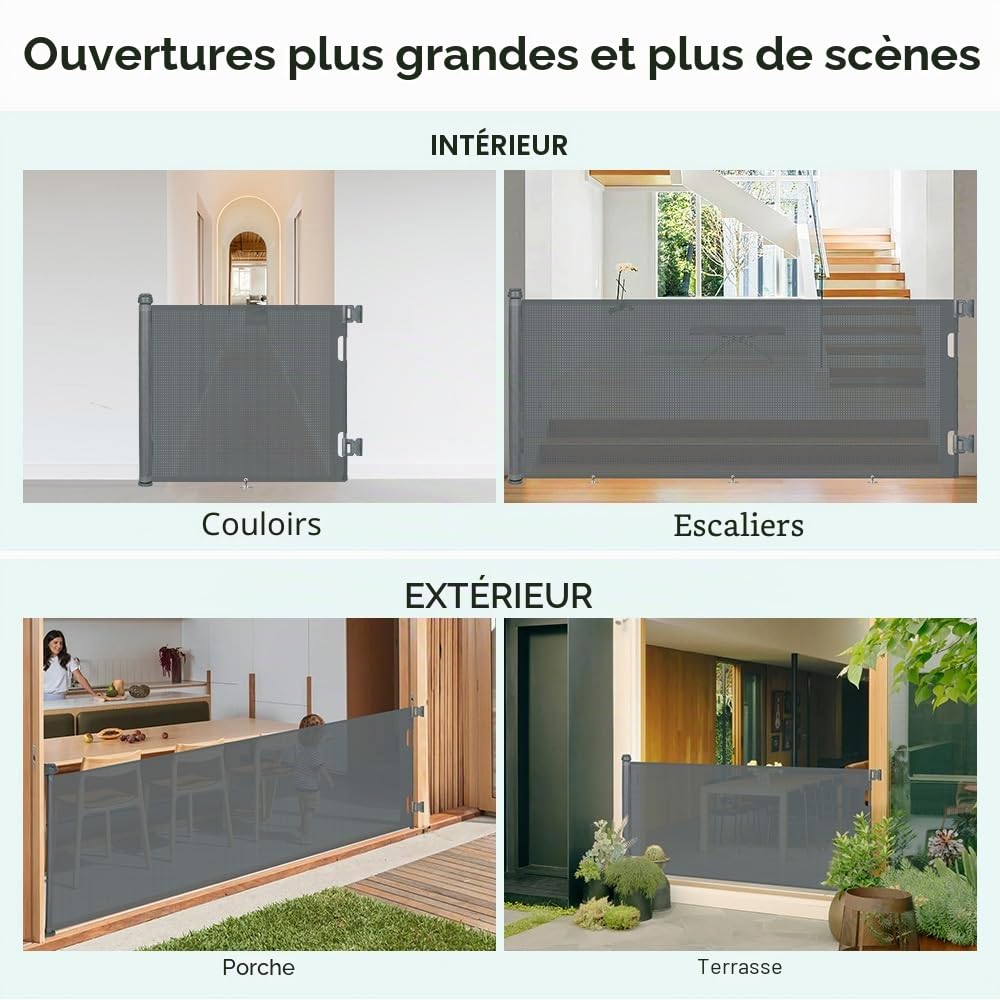 COMOMY 0 à 300cm Barriere de Securite Retractable, Barriere de Securite Enfant, Bébés,Chiens et Chats, Opération à Une Main, Gain de Place, Barrière Extensible pour Escalier/Portes/Extérieur, Gris