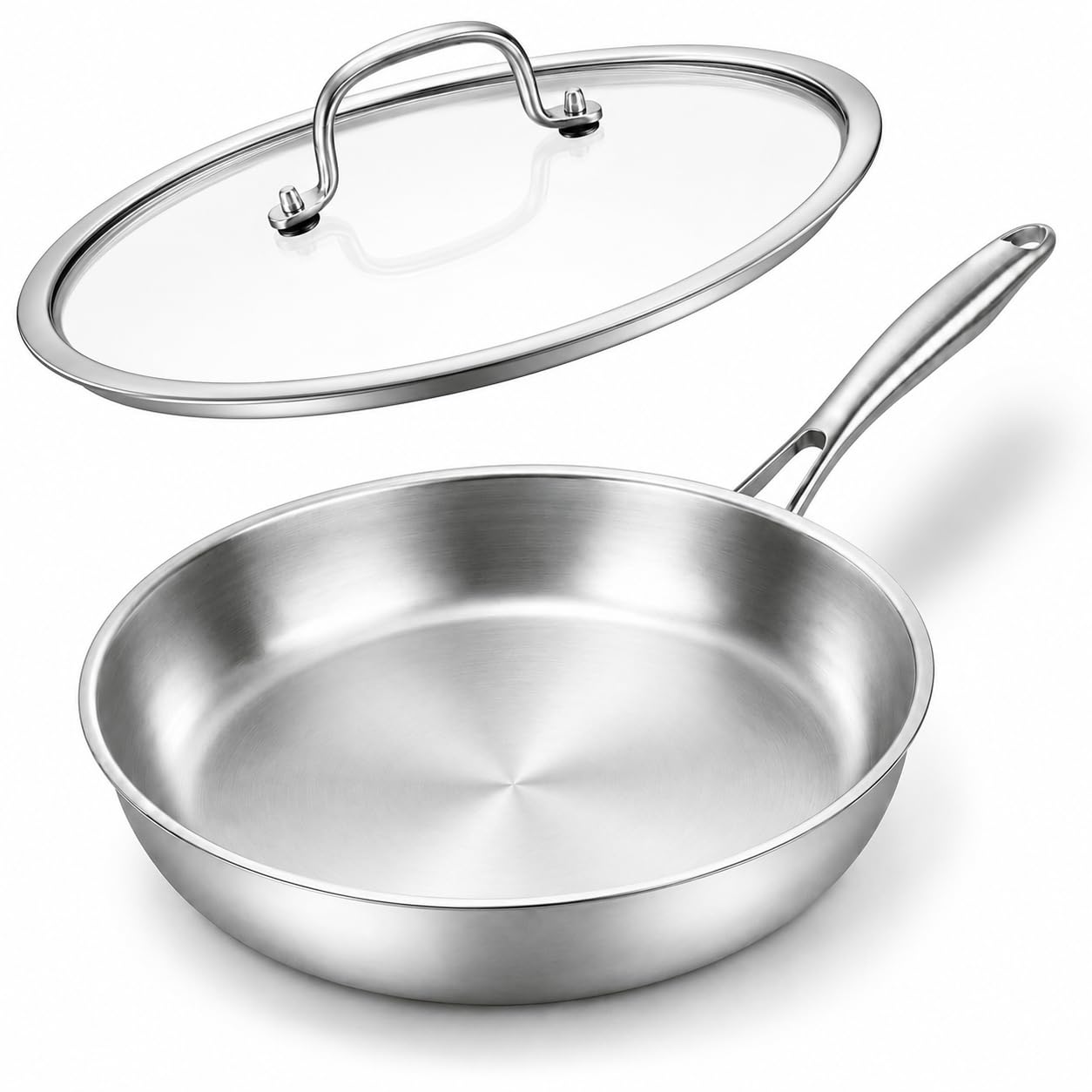 Nontoxicook Uncoated Professional 28cm Tri-Ply Stainless Steel Frying Pan with Lid, Induction Hob Compatible, Oven Safe to 315°C, 2.51L Non Toxic Skillet, Fast Even Heat