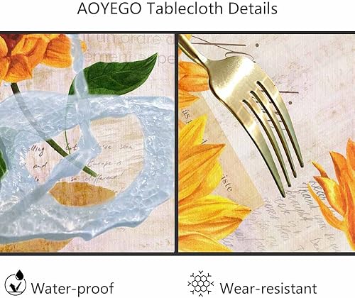 Miniatura 6 de AOYEGO Mantel redondo vintage con diseño de girasoles dorados, 60 pulgadas, letras escritas a mano, romántico, vívido, para comedor, fiesta, banquete