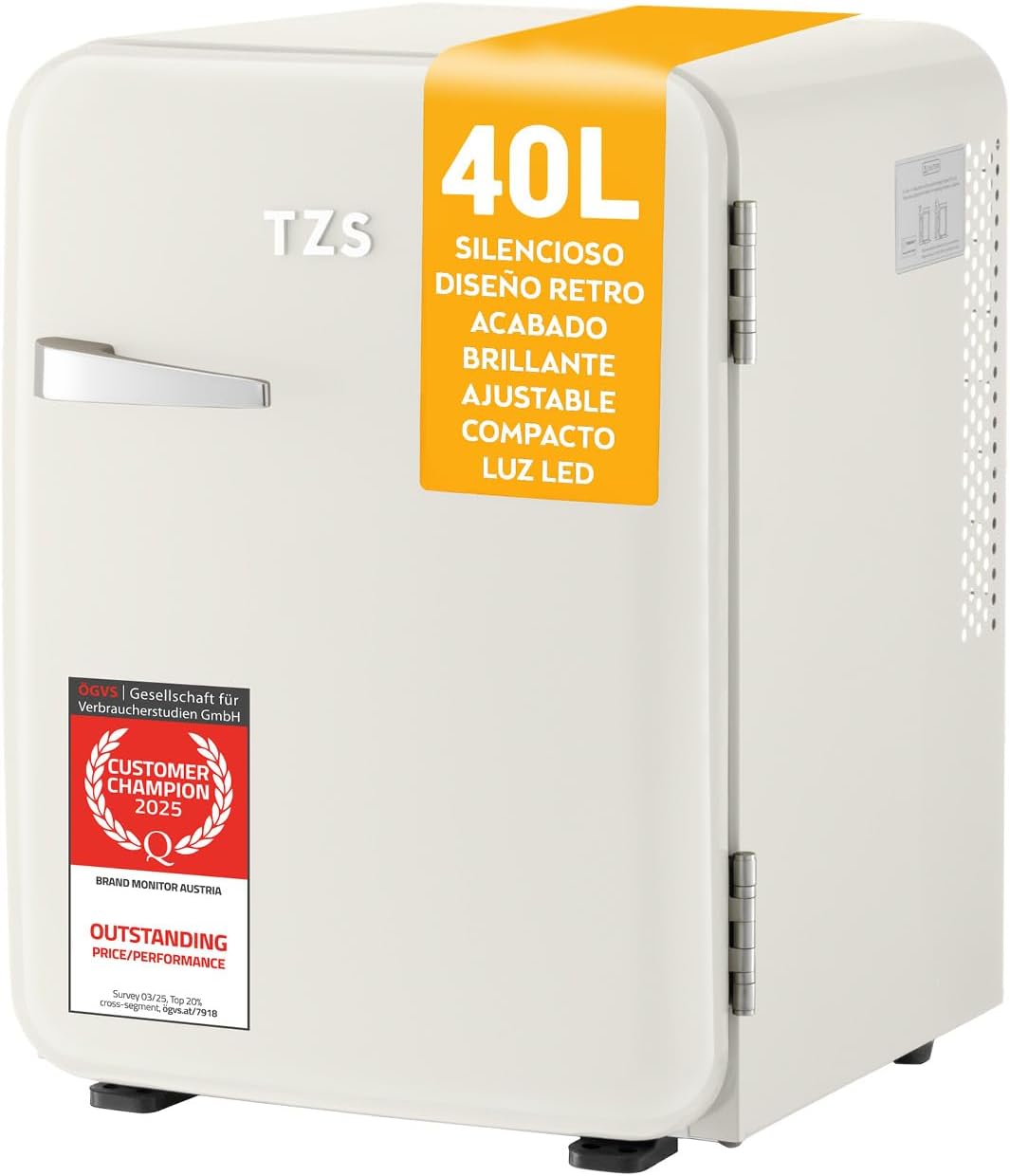 TZS First Austria – Mini Frigorífico Retro 40L silencioso – Pequeño Minifrigo diseño vintage con luz interior y 2 compartimentos de puerta – Minibar para camping, oficina, dormitorio y hotel – Crema