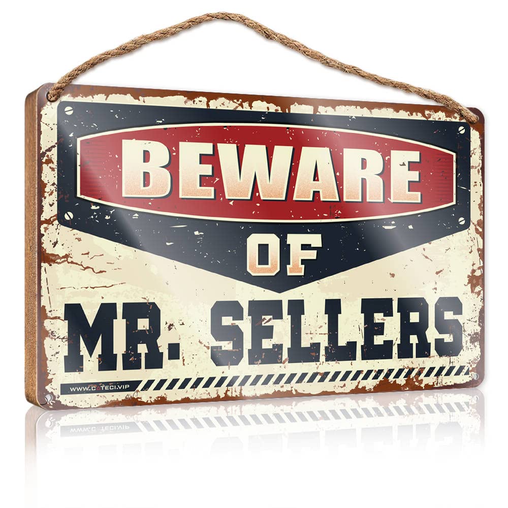 FZFN Hanging Plaque Sign Beware Of Mr. Sellers Wooden Sign Wood Home Sign Outdoor Wooden Signs(15X28CM)