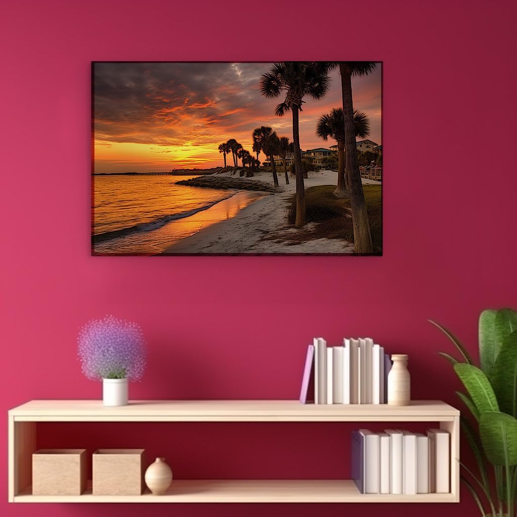 Canvas for Living room. Sunset Serenade: Palm Trees and Pristine Sands Meet a Fiery Sky, 27 x 18 inch Canvas Wall Art - Beach Sunsets And Sunrises - Modern Home Decor