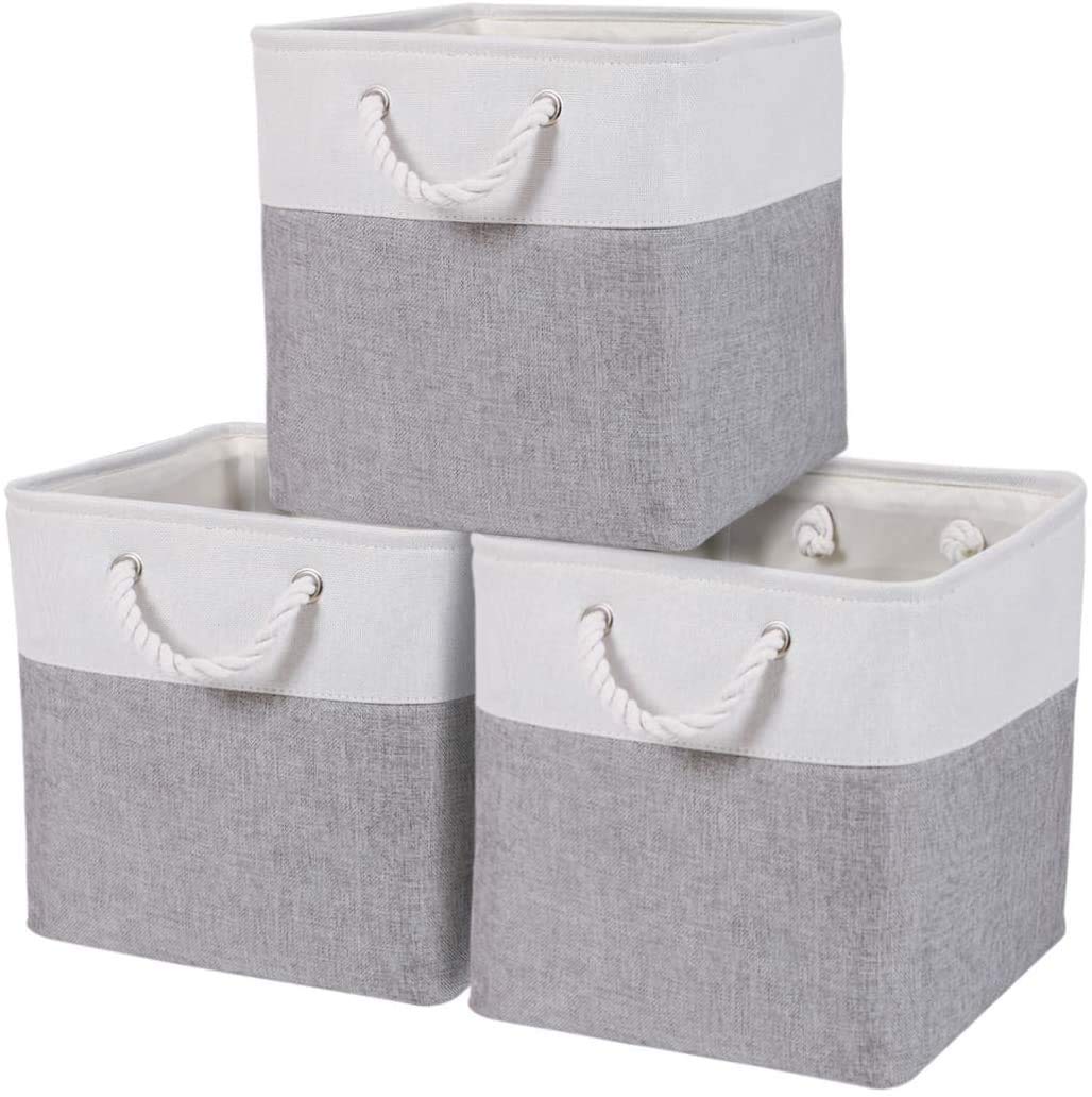 DECOMOMO Storage Baskets | Storage Boxes Fabric Organiser Storage for Wardrobe, Toys, Shelves, Office, Home & Nursery (Large Grey and White 15 x 11 x 9.5 – Set of 3) — view 52