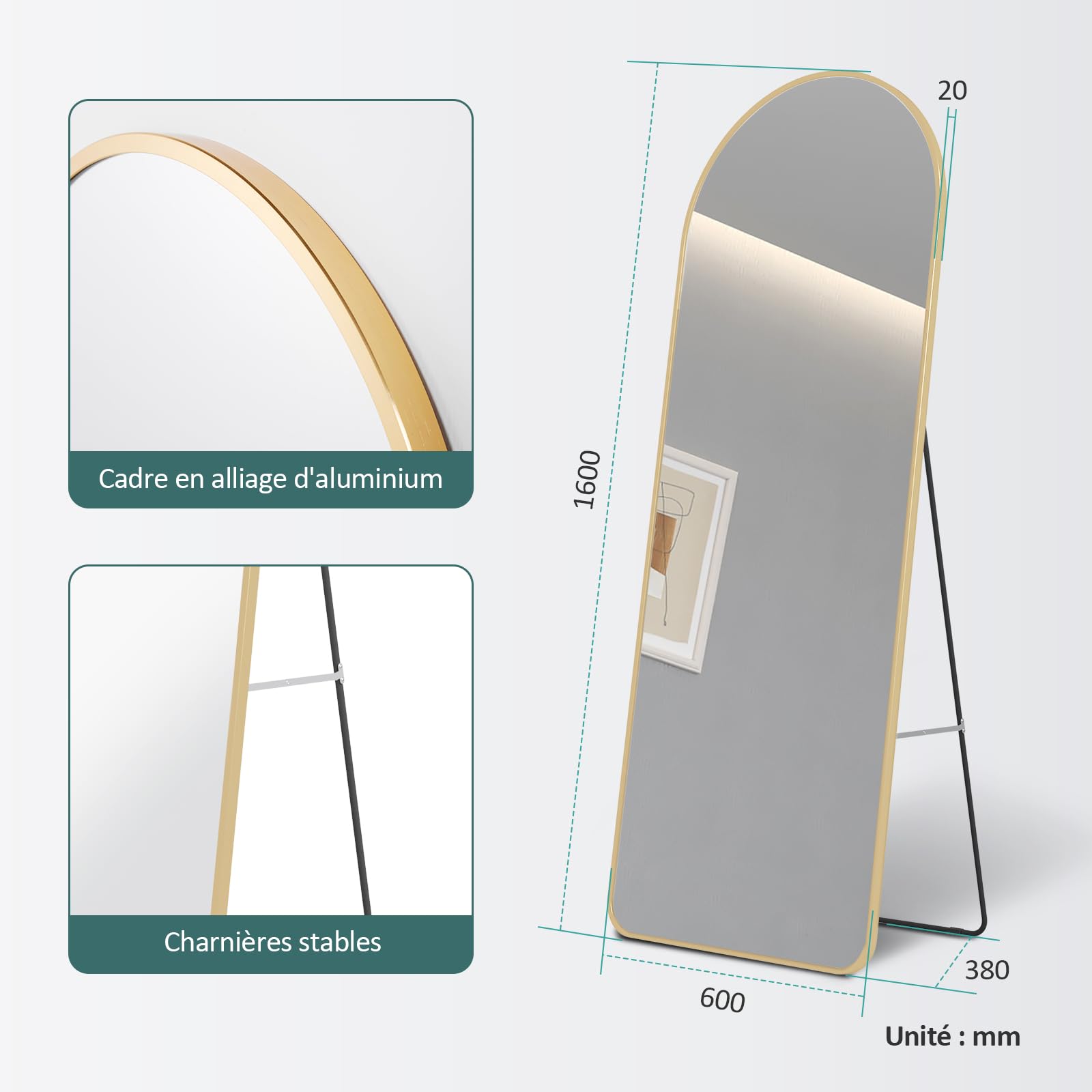 Miroir sur Pied 160 x 60 cm Cadre Aluminium Doré pour Salon Chambre