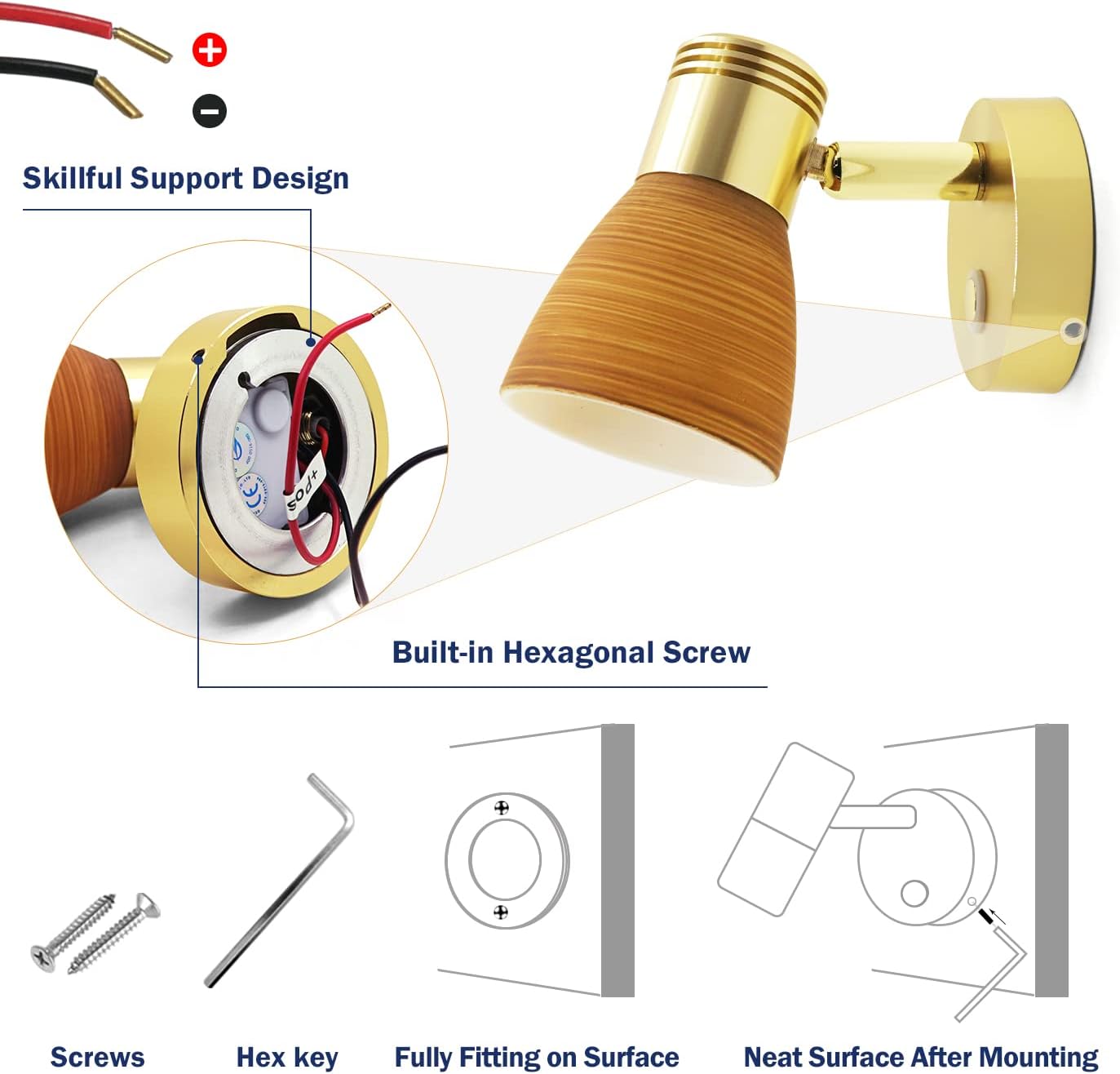 THALASSA RV 12 Volt Reading Lights, Frosted Glass with Wood Pattern polishing Finish Interior Lights, Aluminum with Gold Finish : Automotive