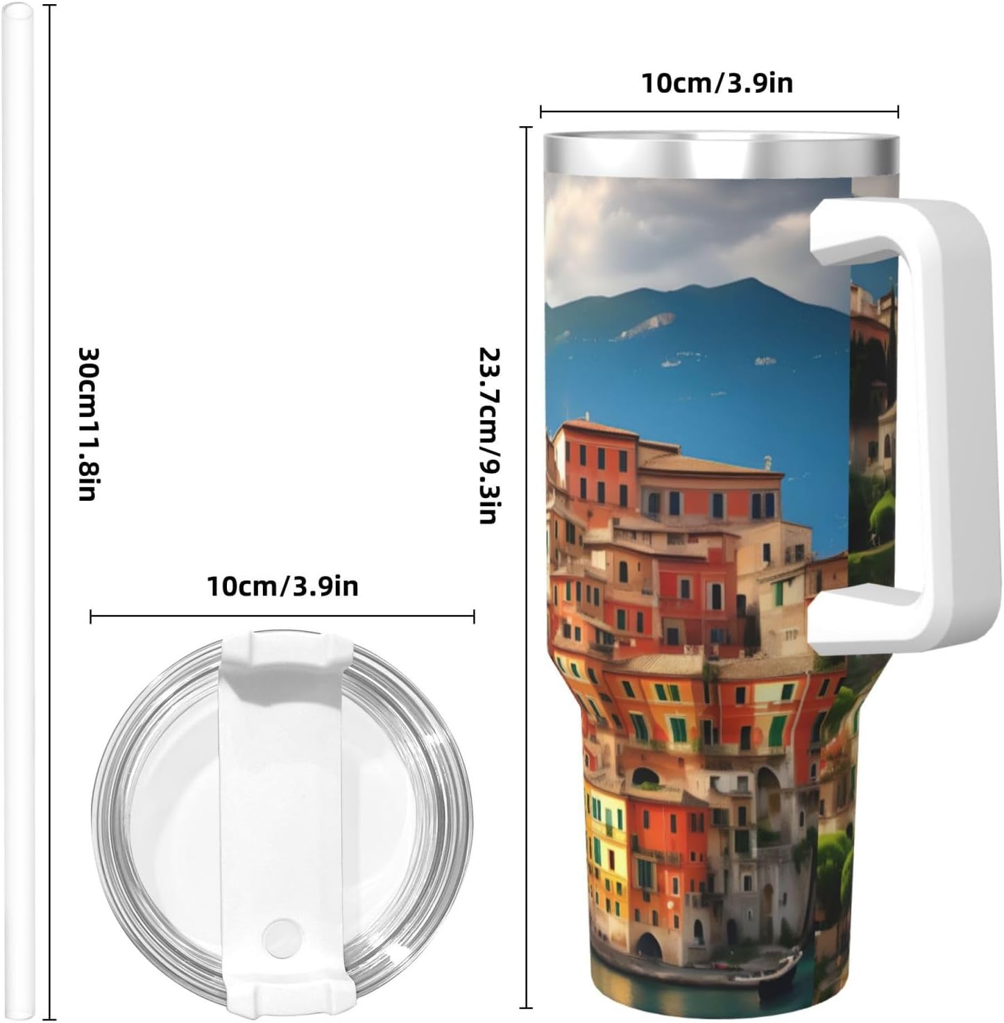 40 OZ beautiful Italy Print Ice Bully Cup with Handle Straw Lid Straw,Stainless Steel Tumbler Coffee Cup