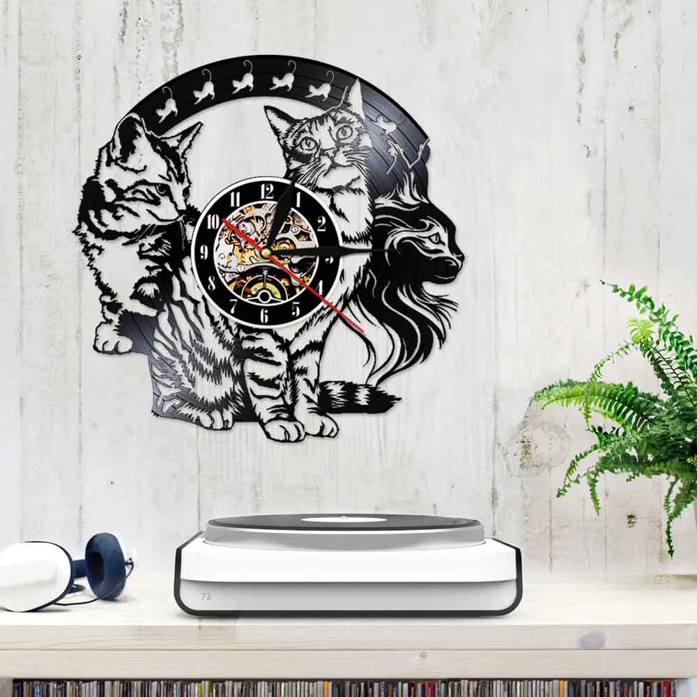 Dia 30cm Gattino Gatti Orologio da parete con dischi in vinile Disegni di gatti Arte da parete Kitty Decorazioni per la casa Orologio da parete con movimento silenzioso vintage Regalo per gli amanti