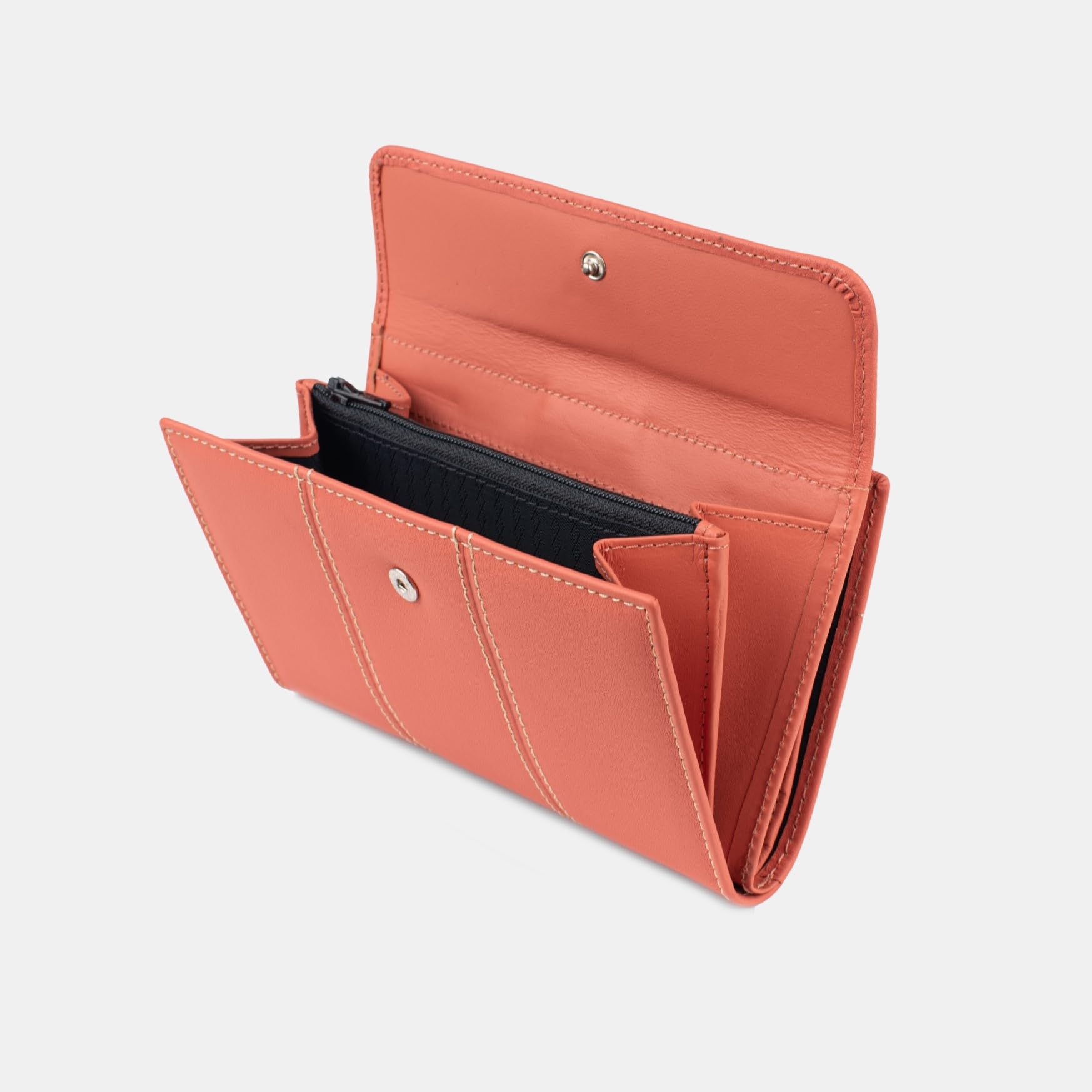 Cartera Mujer Piel Vacuno, Billetero Hecho en España, para 11 Tarjetas, Monedero Exterior con Cremallera, Protección RFID, PS502 (Melocoton, Mediano - 16cm)