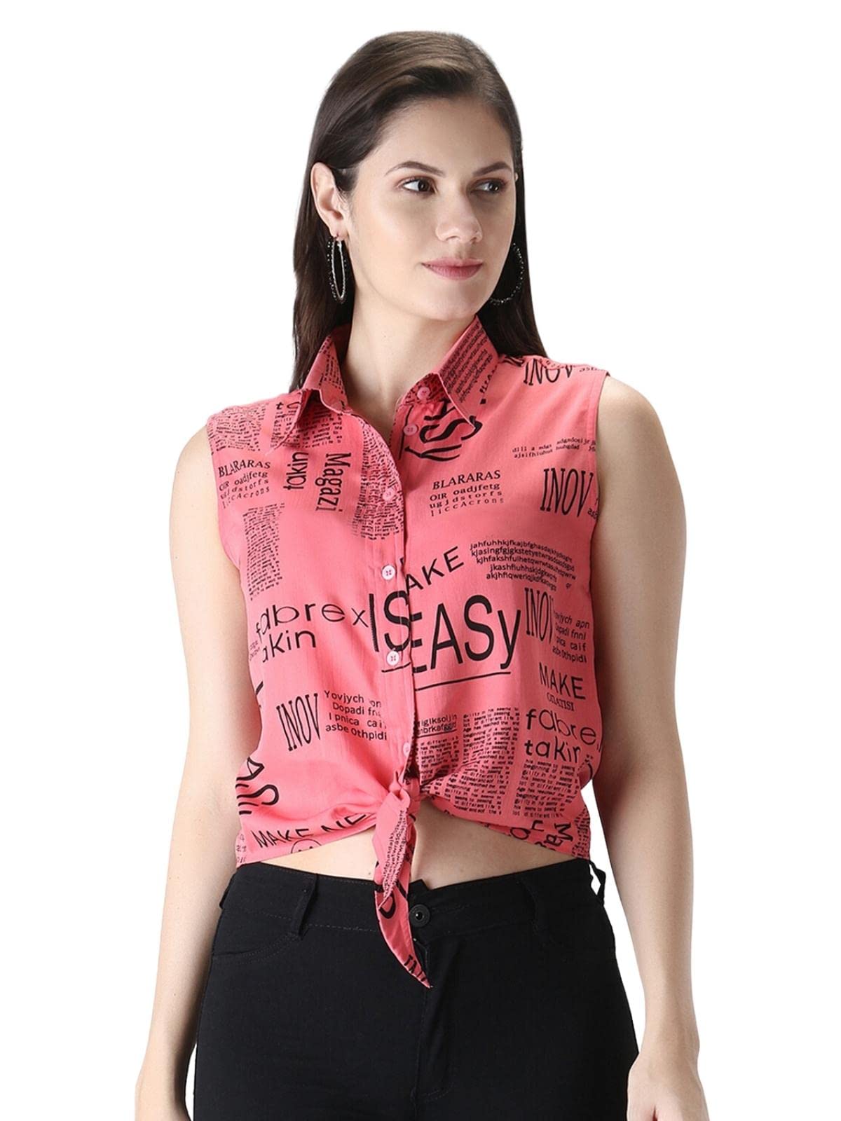 ROZVEH Women's Front Tie Knot Printed Collared Button Down Sleeveless Shirt