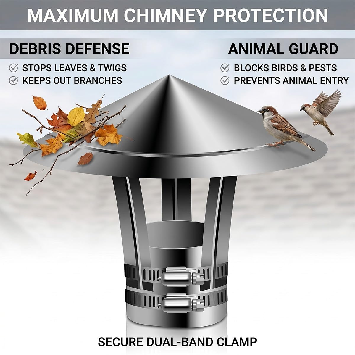 Sombrero de Chimenea Redondo en Acero Inoxidable Tapa Antilluvia para Tubo de Estufa Caperuza Salida de Humos Cubierta Protectora de Techo con Abrazadera Ajustable Antiviento(300mm)