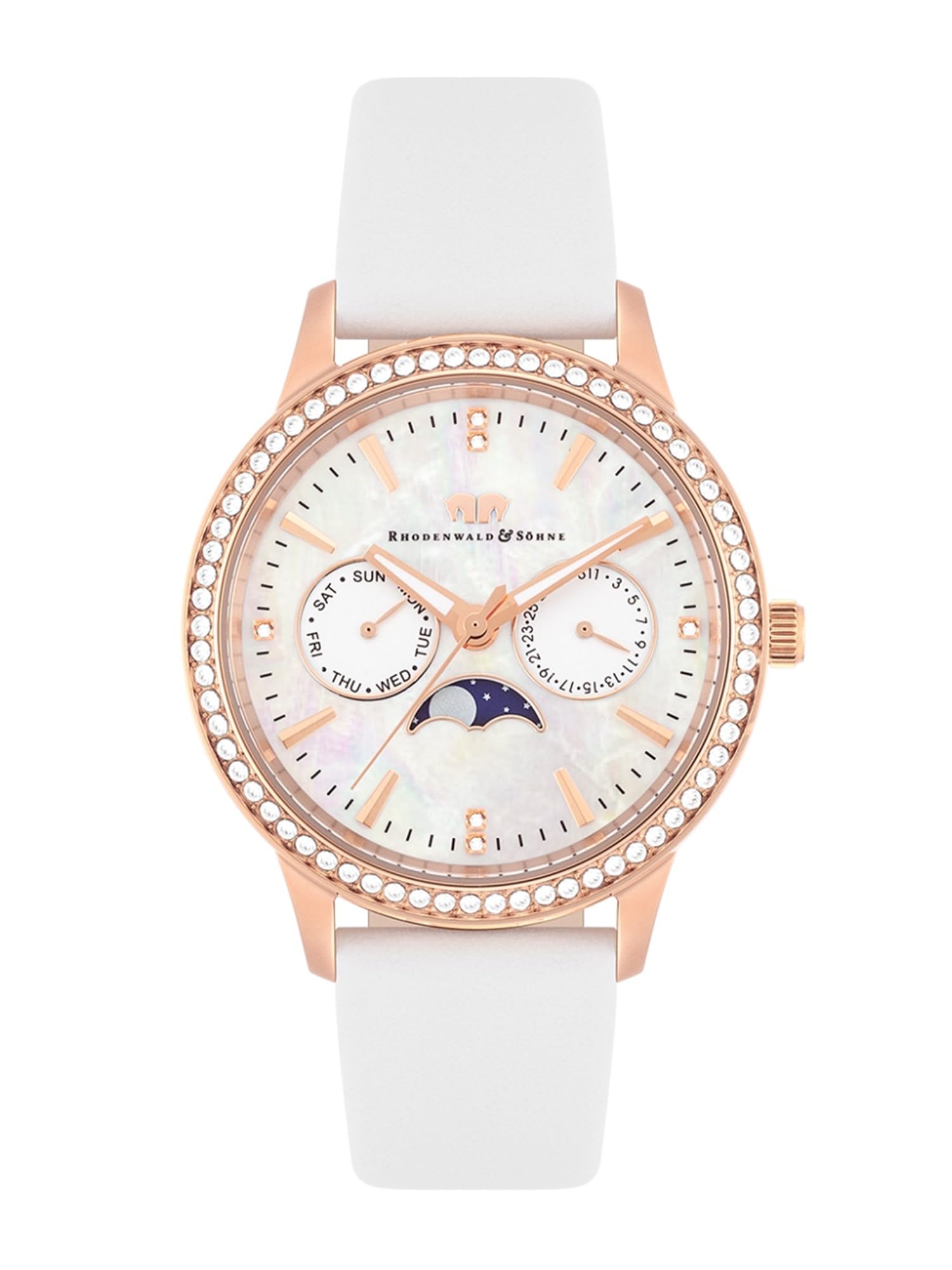 Rhodenwald & Söhne Damen Uhr analog Quarzuhrwerk Multifunktion(en) mit Echtleder-Armband weiß Verziert mit Kristallen - Armbanduhr Roségold 10010434