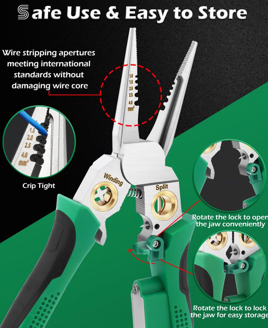 Pinza spelafili 8 in 1 con misurazione dell'elettricità, spelafili 8 in 1 con tester di tensione, strumento spelafili elettrico multifunzione per tagliare e tirare pinze (verde + grigio)