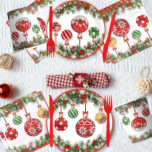 Christmas Paper Plates and Napkins,144pcs Xmas Ball Christmas Plates Disposable Party Set Christ mas Dinnerware Set for Winter Xmas Holiday,Serves 24 – Image 5