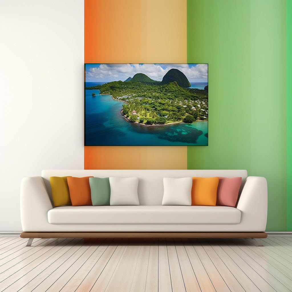 Canvas for Living room. Tropical Island Serenity: Where Lush Greenery Meets Azure Waters, 27 x 18 inch Canvas Wall Art - Ready to Hang