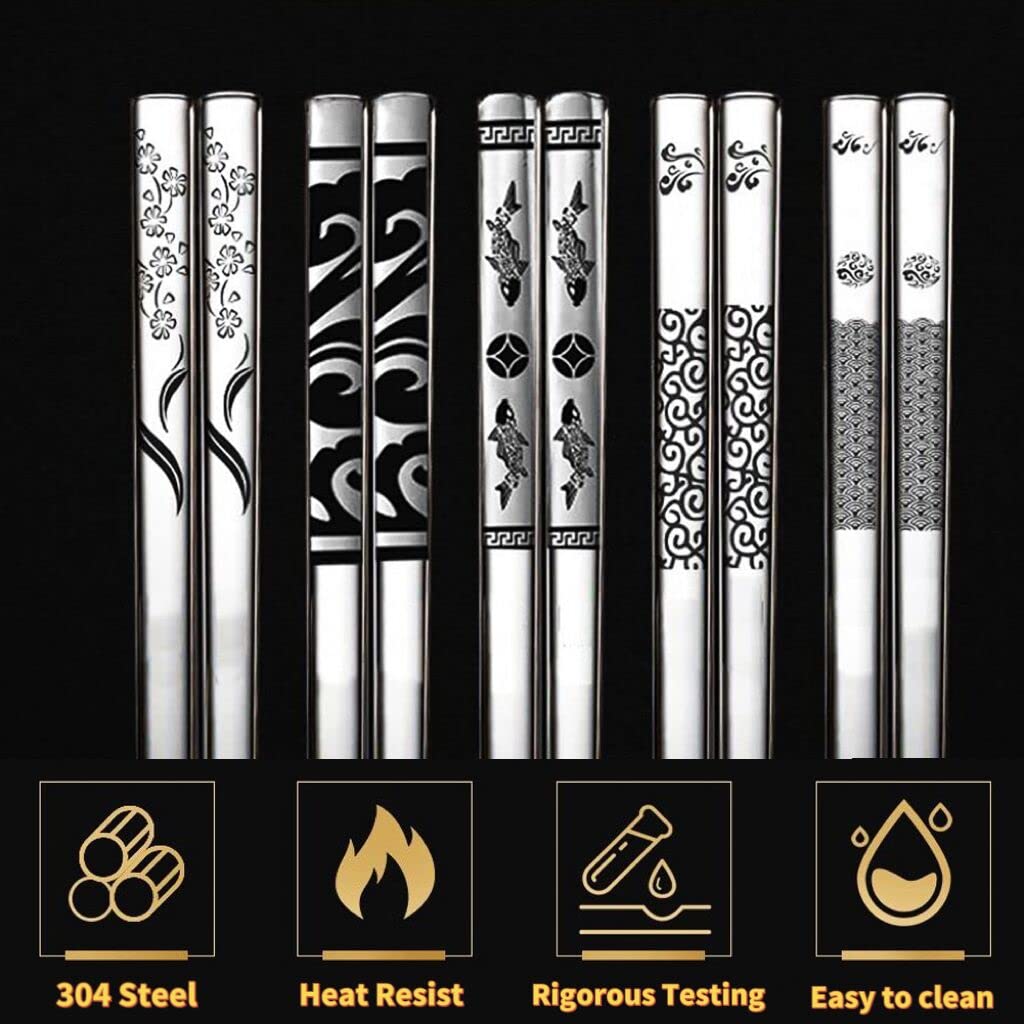 Tiokin Bacchette Riutilizzabili, 5 Paia Di Bacchette In Acciaio