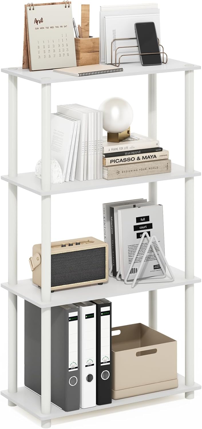 Furinno TURN-N-TUBE Storage Shelves, 4-Tier Toolless Book Shelf, Corner Shelf, Toolless Open Shelves, for Organization and Storage, Living Room, Garage, Home Office, White 4-Tier Round Tube White