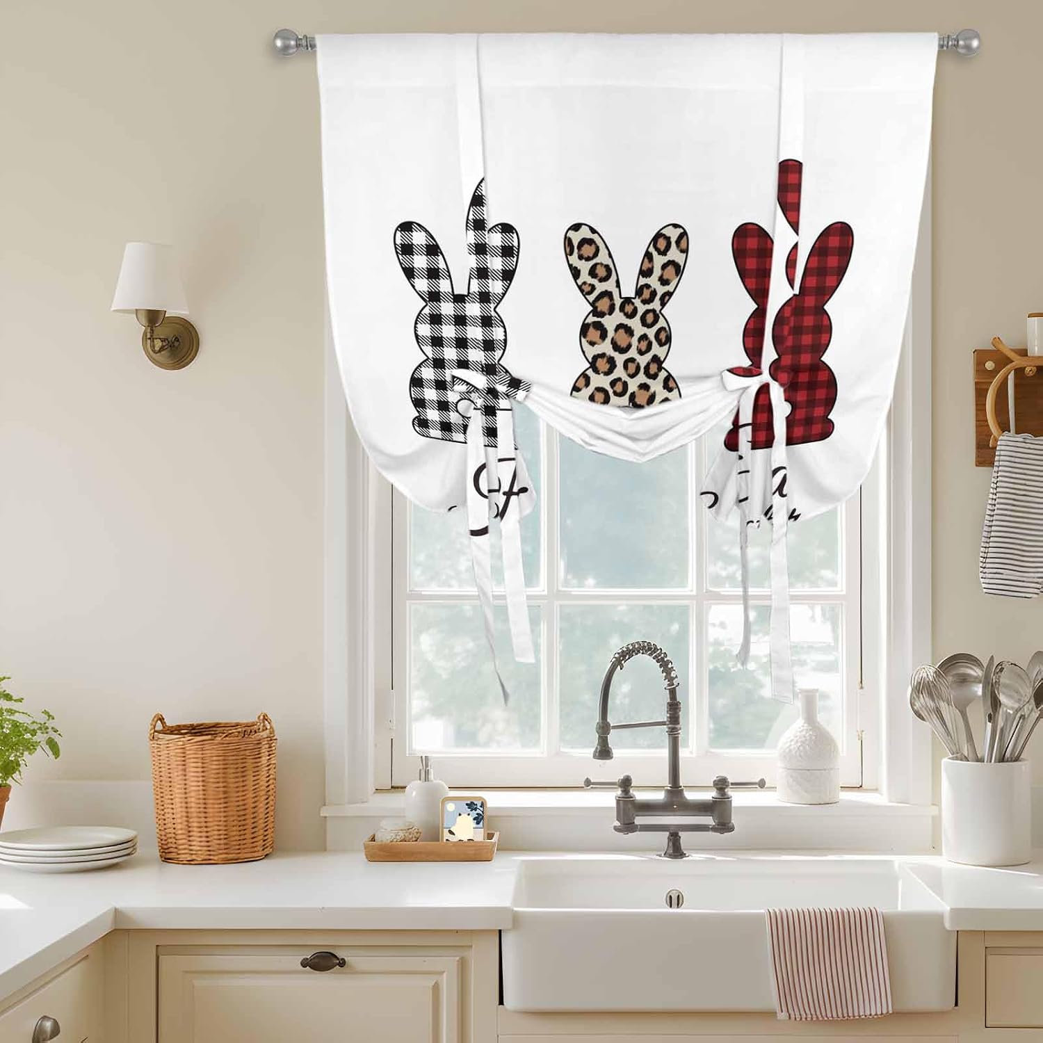 Happy Easter Tie Up Curtains for Window, Spring Checked Bunnies Watercolor Thermal Insulated Balloon Shade Adjustable Rod Pocket Curtains Valance Panels for Kitchen Bathroom Café 42'' x 54''