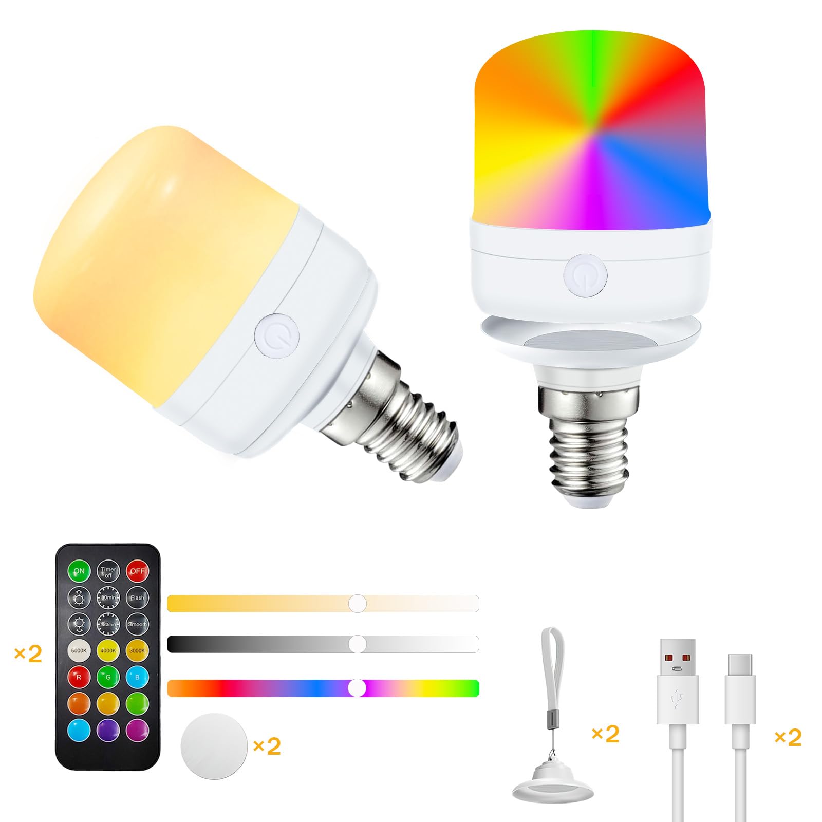Pulsky USB-C Rechargeable RGB Light Bulb with Remote Control Timer and 12 Color Temperatures,7W Dimmable Battery Powered Light Bulbs for Non Hardwired Lamps, Wall Sconce,Home,Camping