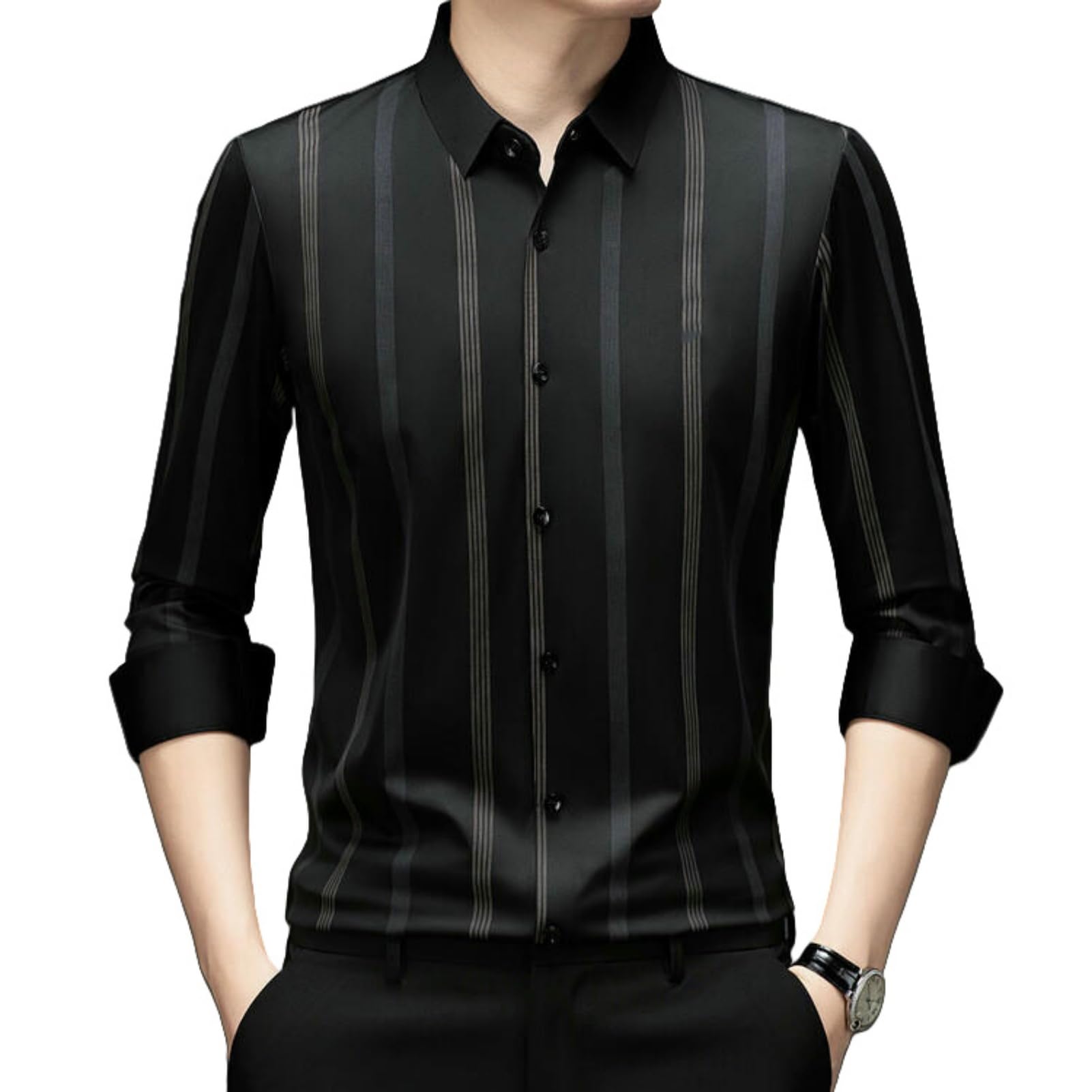 Camicia da uomo a maniche lunghe per primavera autunno casual senza pieghe anti-rughe elastica a righe