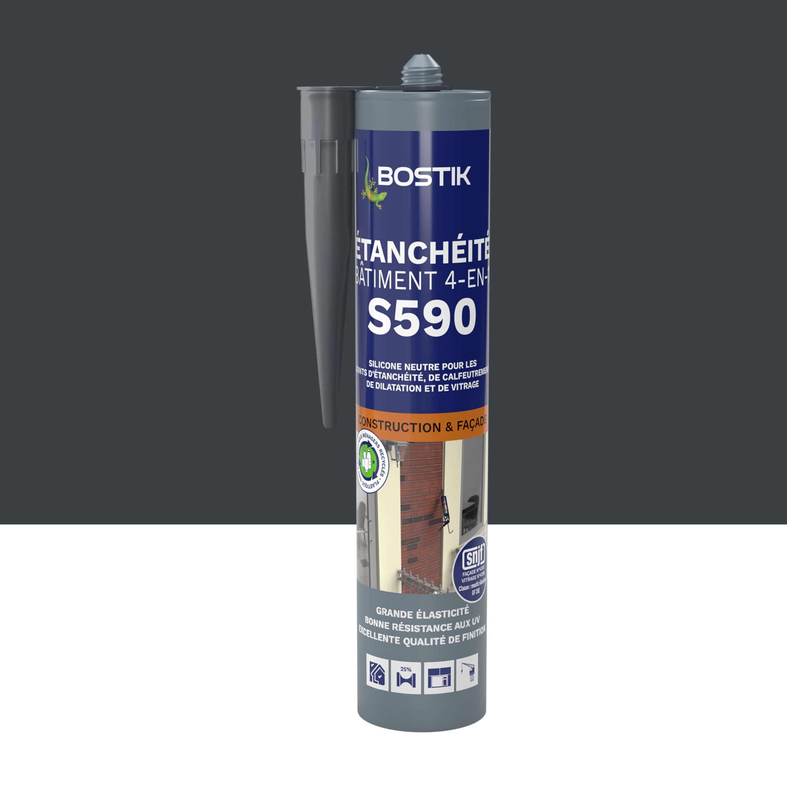 Bostik S590 - Sellador de sellado Edificio 4 en 1 - Interior y Exterior - Juntas de calafateo, Dilatación, Fachada y Acristalamiento - Color: Gris Antracita Ral 7016 - Cartucho 300 ml
