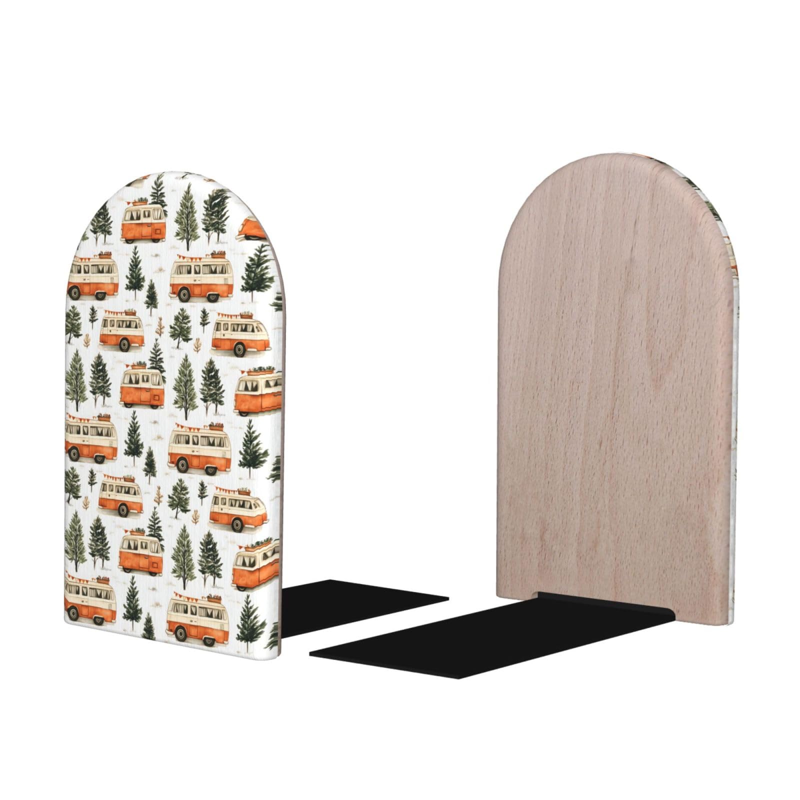 Tree Camper Print BookEnds 1 Pair, Decorative Bookends for Heavy Books, Wood Book Ends for Shelves, Book Organizer for Home Desk Office Supplies