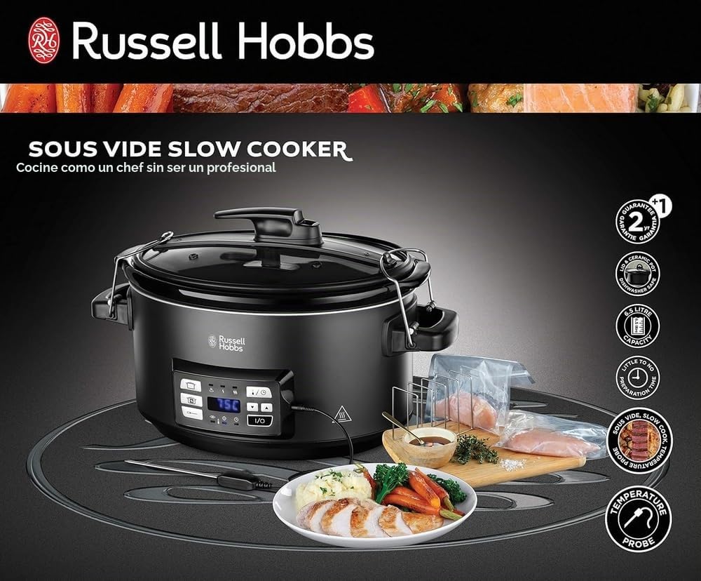 Russell Hobbs Olla de Cocción Lenta Sous Vide - Olla 3 en 1: Cocinar al Vacío, Cocción Lenta y Medidor Temperatura, Pantalla Digital LED, 6 Raciones, Recipiente Extraíble de Cerámica, Negro - 25630-56