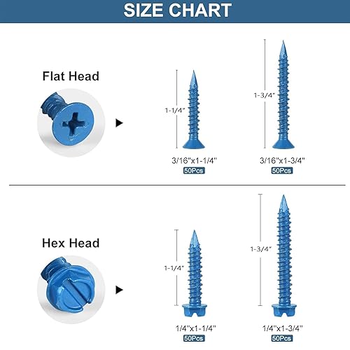 Miniatura 3 de Tornillos de hormigón con broca, 200 tornillos de hormigón 14 316, kit surtido de tornillos y anclajes de ladrillo, cabeza plana y hexagonal, bloque