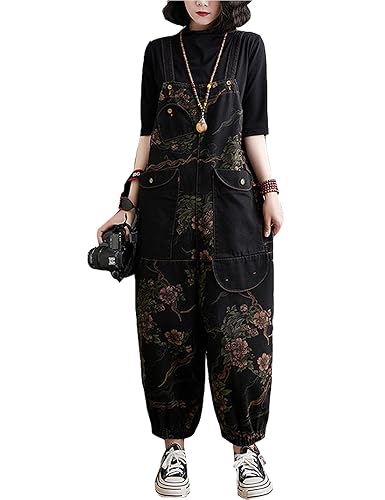 COWOKA Women's Loose Baggy Overalls Denim Printed Bib Drop Crotch Cotton Wide Leg Jumpsuit Harem Pants - Large - Floral2
