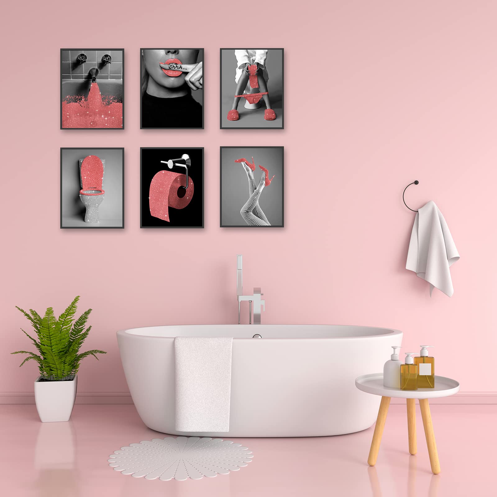 Set Di 6 Quadri Su Tela Per Bagno – Stampe Glitter Rosa E Nero Con Donne Moderne – 28x35,6 Cm - 4