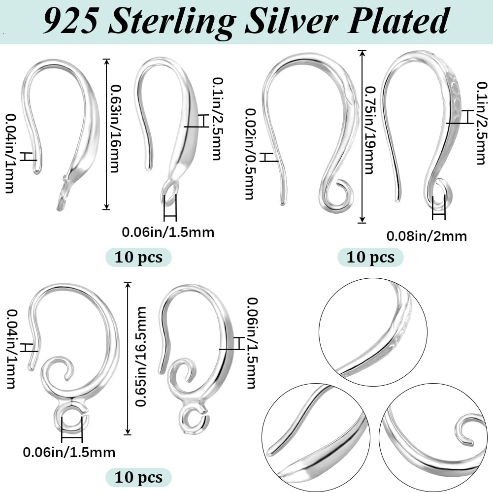 Beebeecraft 1 Boîte De 30 Crochets De Boucles D'oreilles En Argent Sterling 925 Plaqué 3 Styles Français Avec Trou De 1,5/2 Mm Pour La Fabrication De Bijoux Beebeecraft 1 Boîte De 30 Crochets De Boucles D'oreilles En Argent Sterling 925 Plaqué 3 Styles Français Avec Trou De 1,5/2 Mm Pour La Fabrication De Bijoux