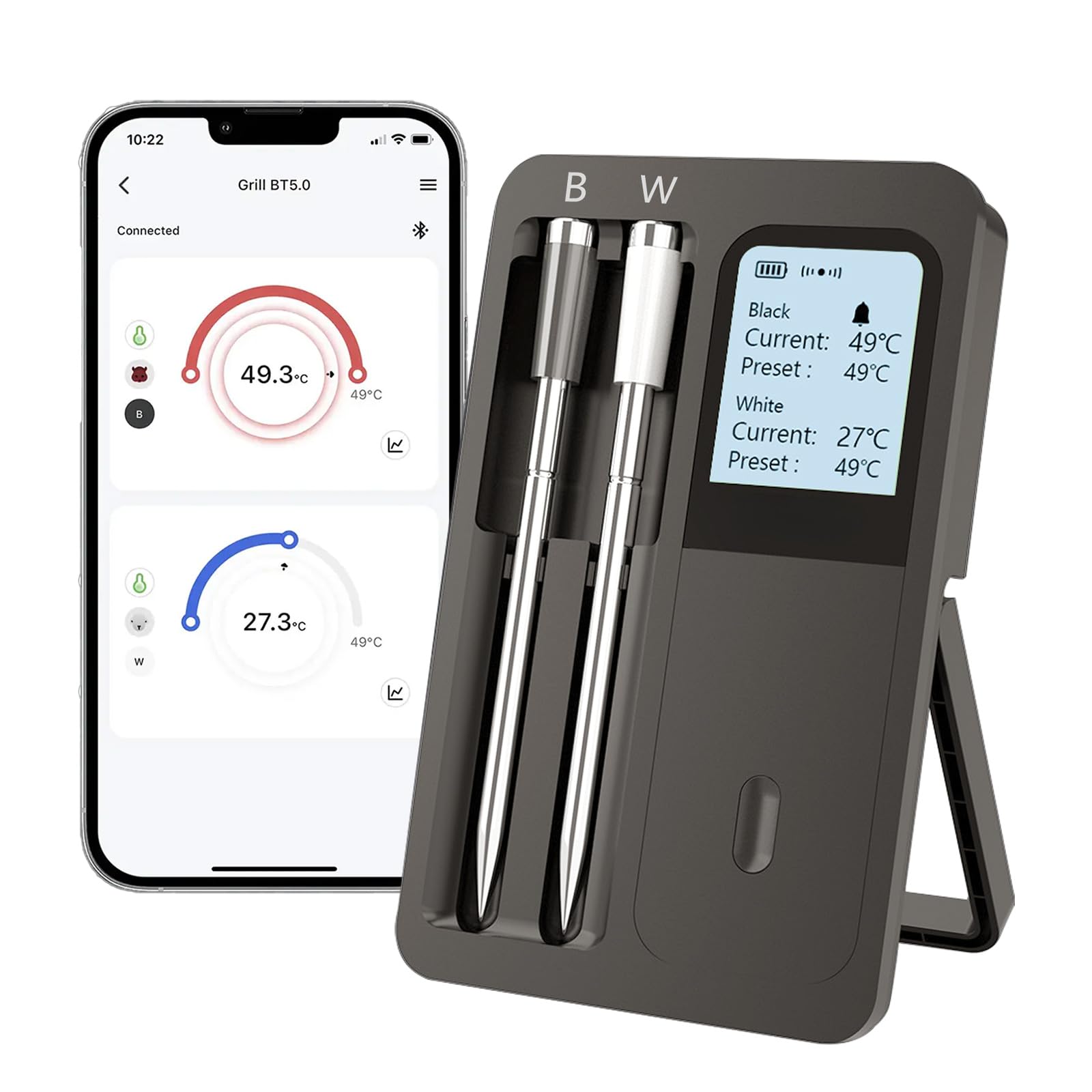 Bluetooth Smart Meat Thermometer – Wireless Digital Meat Thermometer with Dual Probes, App Control, Real-Time Temp Monitoring & Alerts for Grilling,