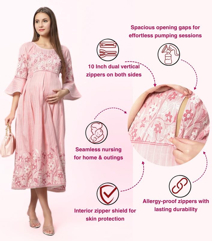 Image of DUMMY SHAPE Feeding Nighty | Maternity Dresses for Women Cotton Blend | Floral Pink Anarkali Kurta with Dual Nursing Zippers for Pregnancy & Breastfeeding | Gifts for Pregnant Women (