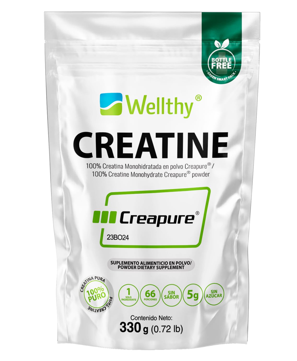 Wellthy Creatina Monohidratada Micronizada Creapure® 330g. 100% Pura. Solo 1 Ingrediente Creatina Alemana Creapure®. Vegana, Sin Azúcar, 66 porciones, 5g por porción, Pre Entreno con Scoop. Pure. Proven. Perfect.