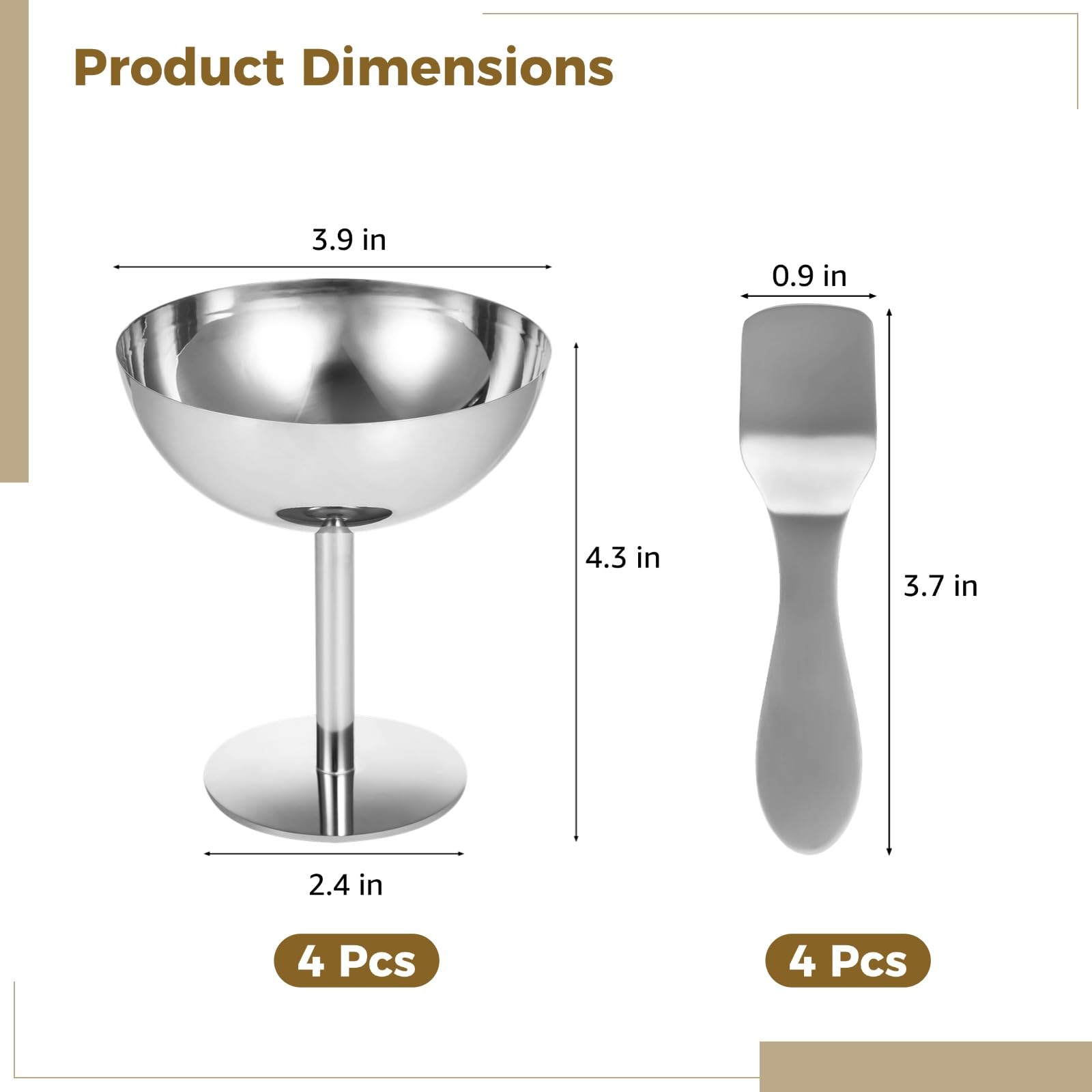 Generisch 4 Stk. Eisbecher, wiederverwendbare Dessertschalen aus Edelstahl mit Löffeln, runde Joghurtbecher, Schalen für Salat, Snacks und Obstpudding, für Partys, Lokale und Veranstaltungen