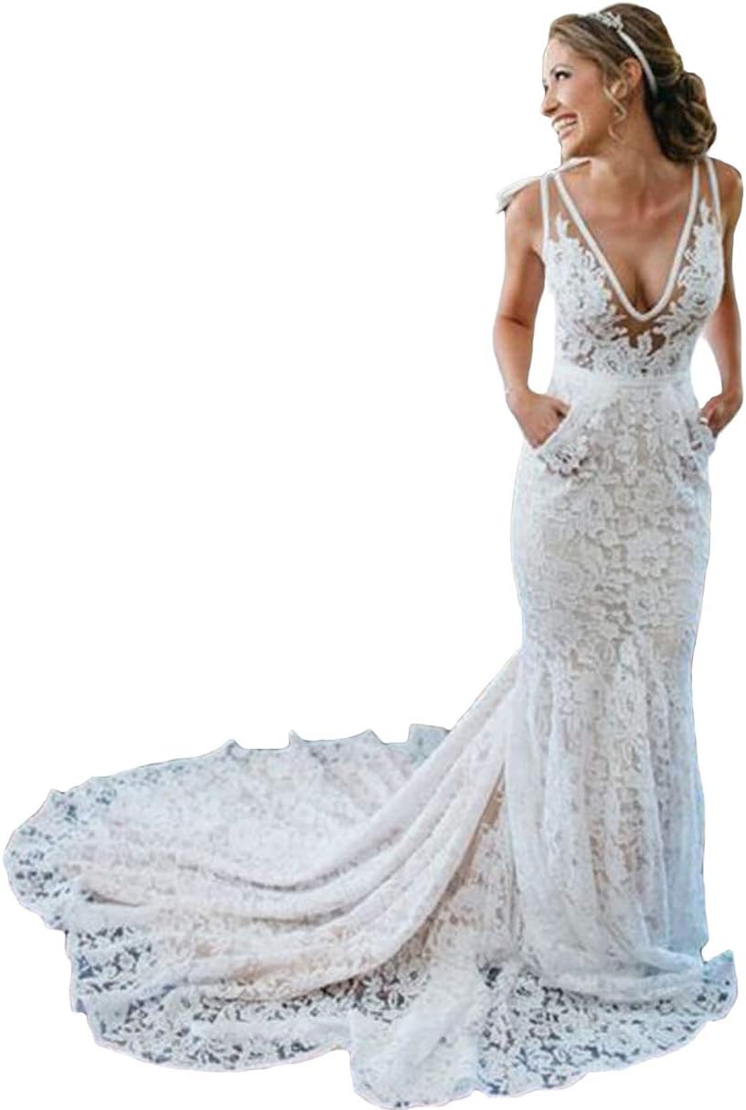 TsbridalBohemia Mermaid Wedding Dresses Lace Bridal Dresses Beach Garden Ivory Bridal Gowns with Pocket