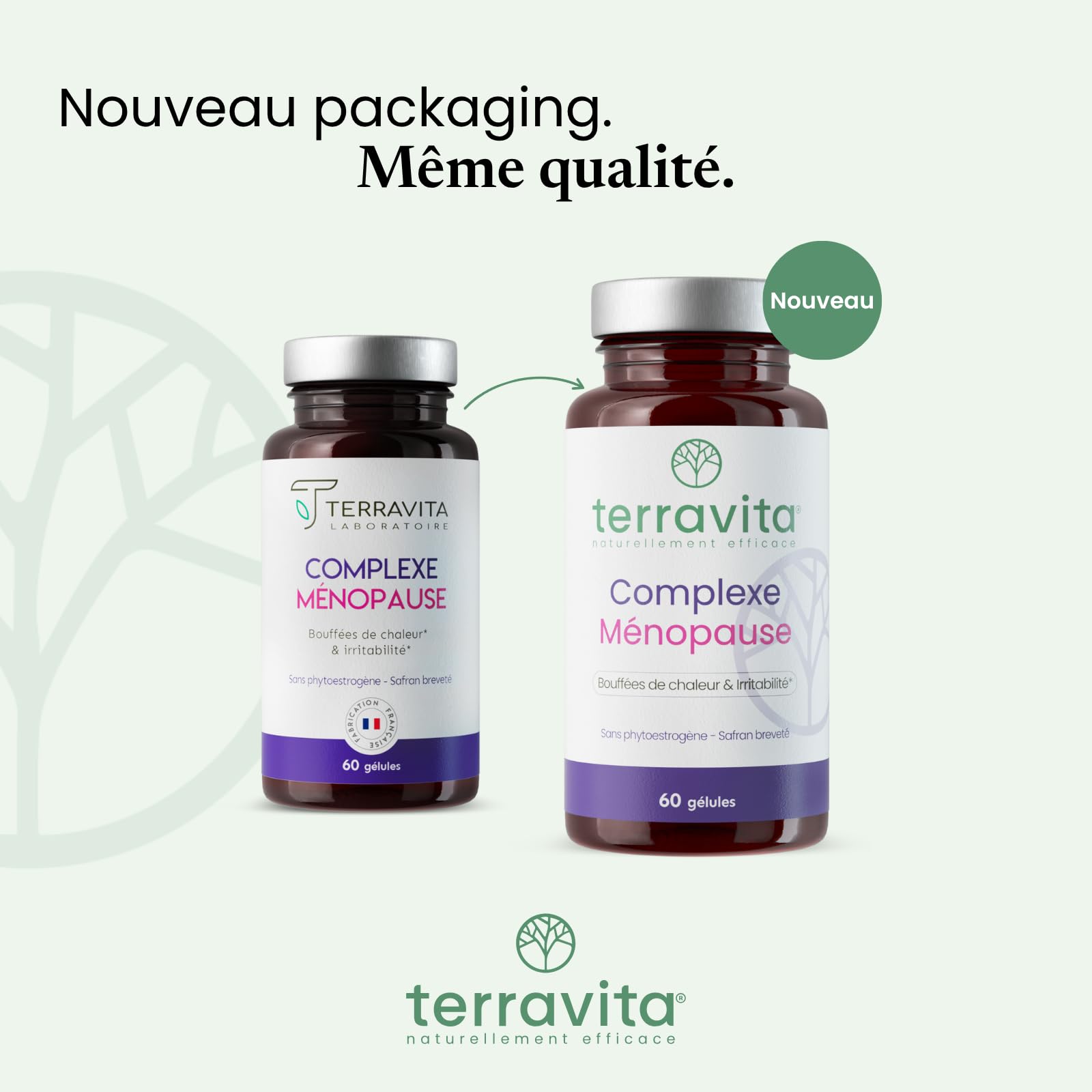 Complexe Ménopause | Sans Hormones | Avec Pollen et Safran Breveté | Bouffées de Chaleur, Fatigue, Stress et Variations d’Humeur | 60 Gélules | Made in France | Terravita