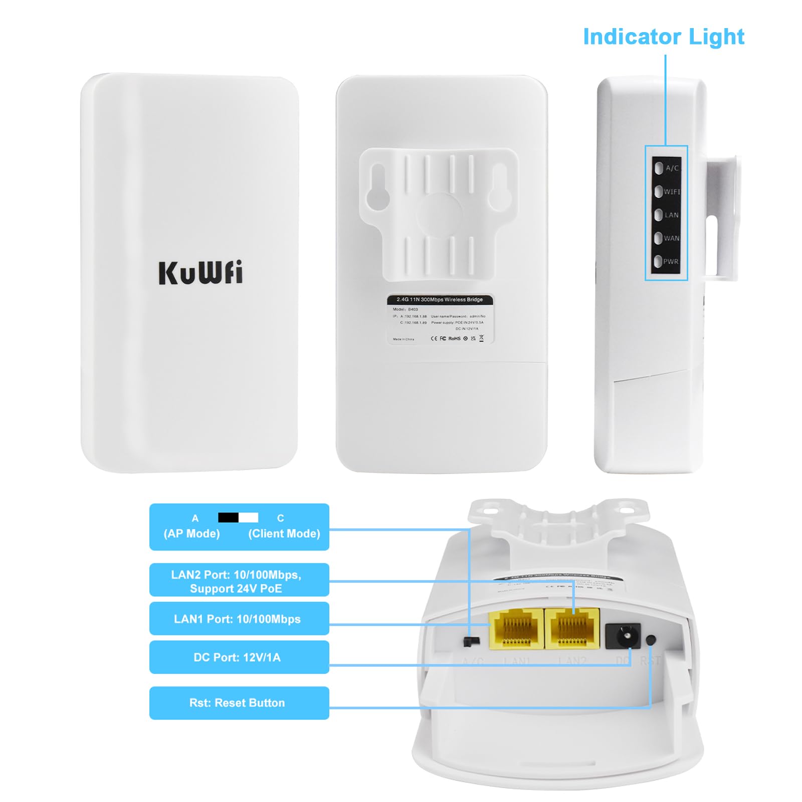 KuWFi Pont WiFi Exterieur, Point d'accès WiFi 300Mbps, AP Pont WiFi