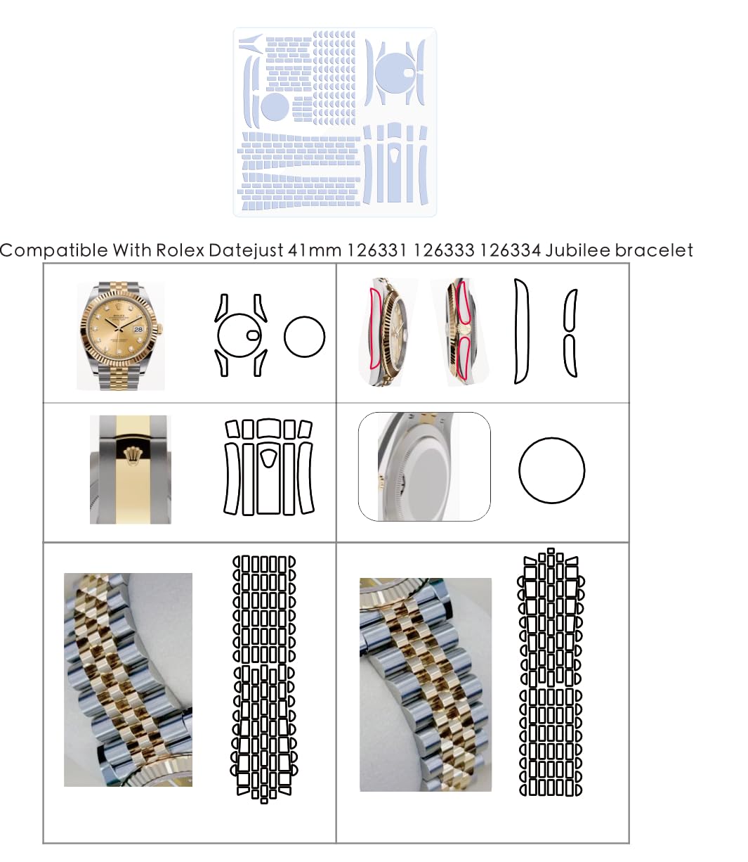 Folia ochronna do zegarka Rolex Datejust 41 mm Ref. 126331 126333 126334 bransoletka jubileuszowa. Przezroczysta skóra pełna osłona ekranu zegarka naklejka (2 x folia na cały korpus)