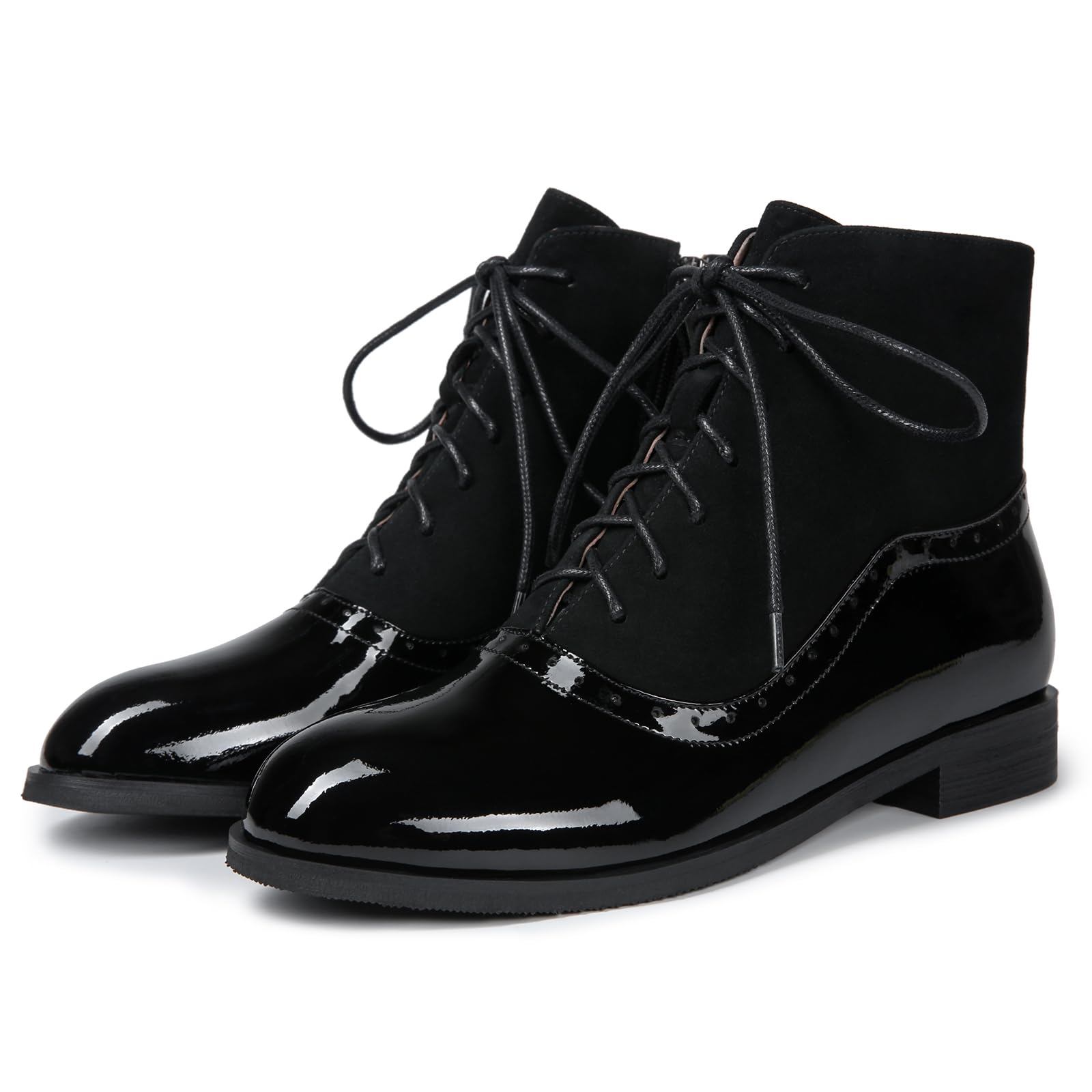 Womens Leather Ankle Boots Low Heel Oxford Flat Short Boots Perforated Lace Up Side Zipper Booties