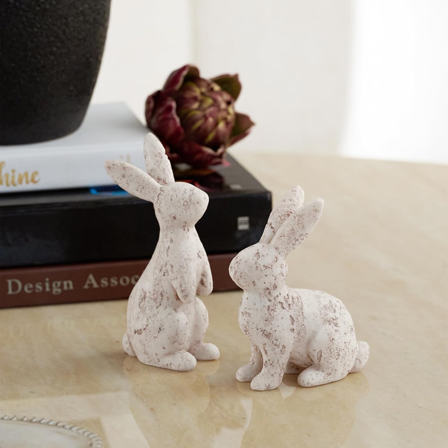 DN DECONATION Easter Bunny Decorations Set of 2, Beige Resin Rabbit Statues, Home Decor Spring Rabbit Figurines, Travertine Bunny Sculptures Table Centerpiece, Vintage Farmhouse Indoor Decor Gift - Image 5