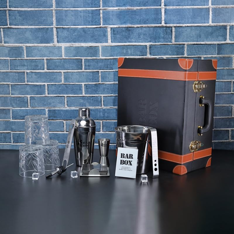 Image of Bar Box Portable Bar Set with 3 Whiskey Glasses, Cocktail Shaker Set, and Bar Tools - Black Leatherette Bar Kit with Stainless Steel Accessories for Home