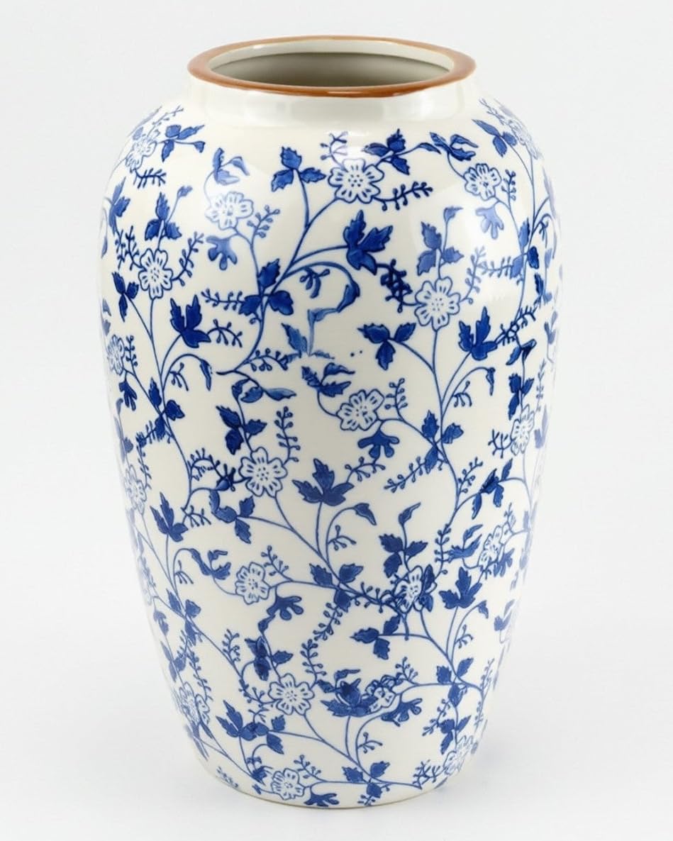 Elvida Interiors Blue Floral Ceramic Decorative Vase, 21.5 cm Blue and White Flower Vase for Shelves, Sideboards, Dining Tables and Home Decor