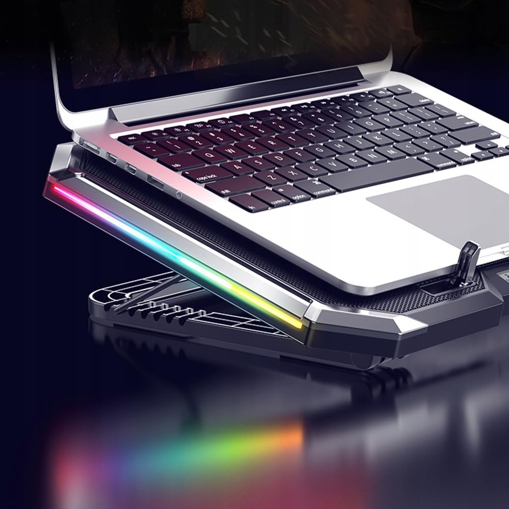 Q8 RGB LED PC Portable Refroidisseur avec 6 Ventilateurs - Support Ordinateur Portable jusqu'à 18 Pouces - Inclinaison 0-32° - Écran LCD - Fonctionnement Silencieux Environ 25dB - Alimenté par USB