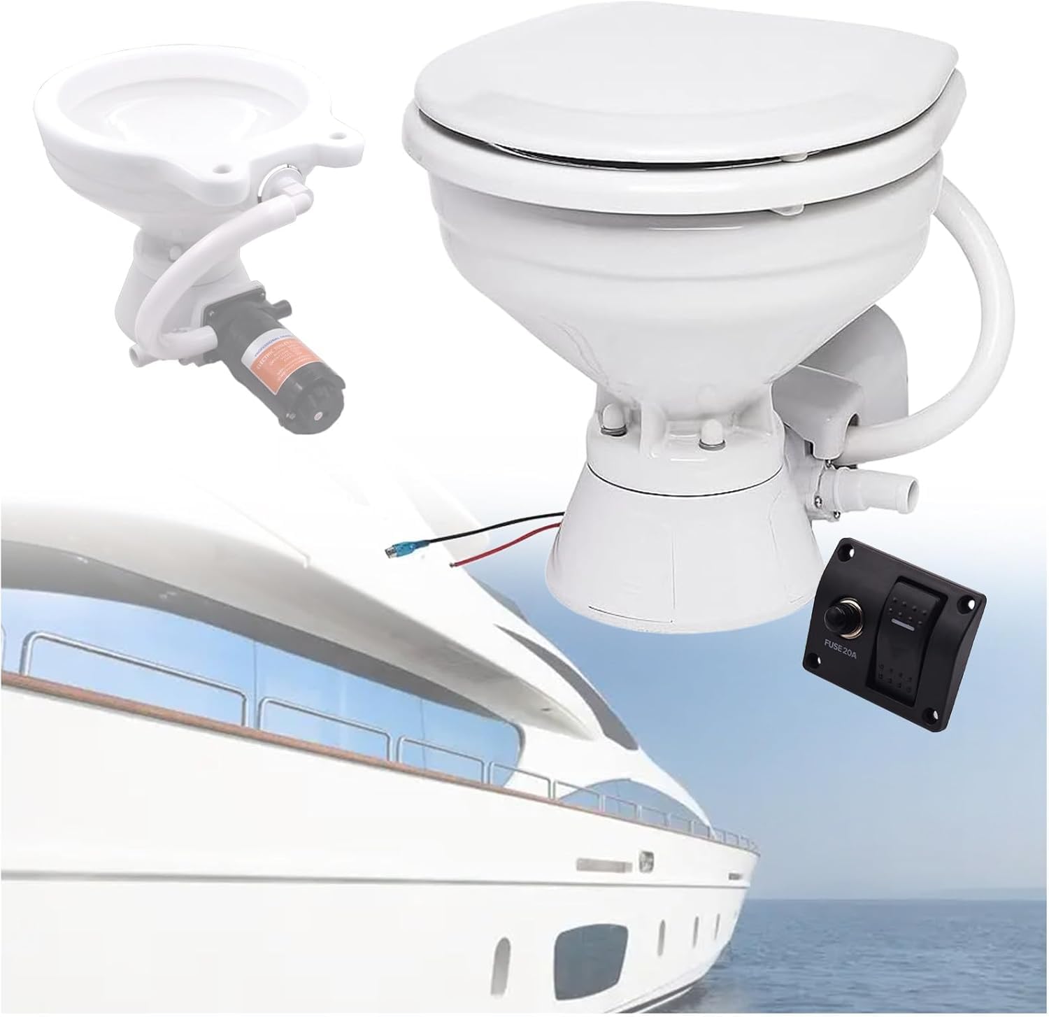 12 V elektrische Marine-Toilette – kompakte Boot- und Wohnmobil-WC mit Ein-Knopf-Spülung, platzsparendes Design für Yachten, Camper und Boote