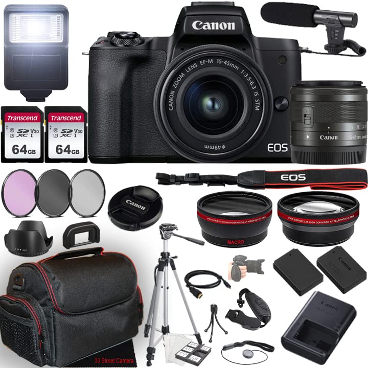 Canon EOS M50 Mark II Mirrorless Camera w/EF-M 15-45mm f/3.5-6.3 is STM Lens + 2X 64GB Memory + Microphone + Filters + Tripod + More (35pc Bundle)