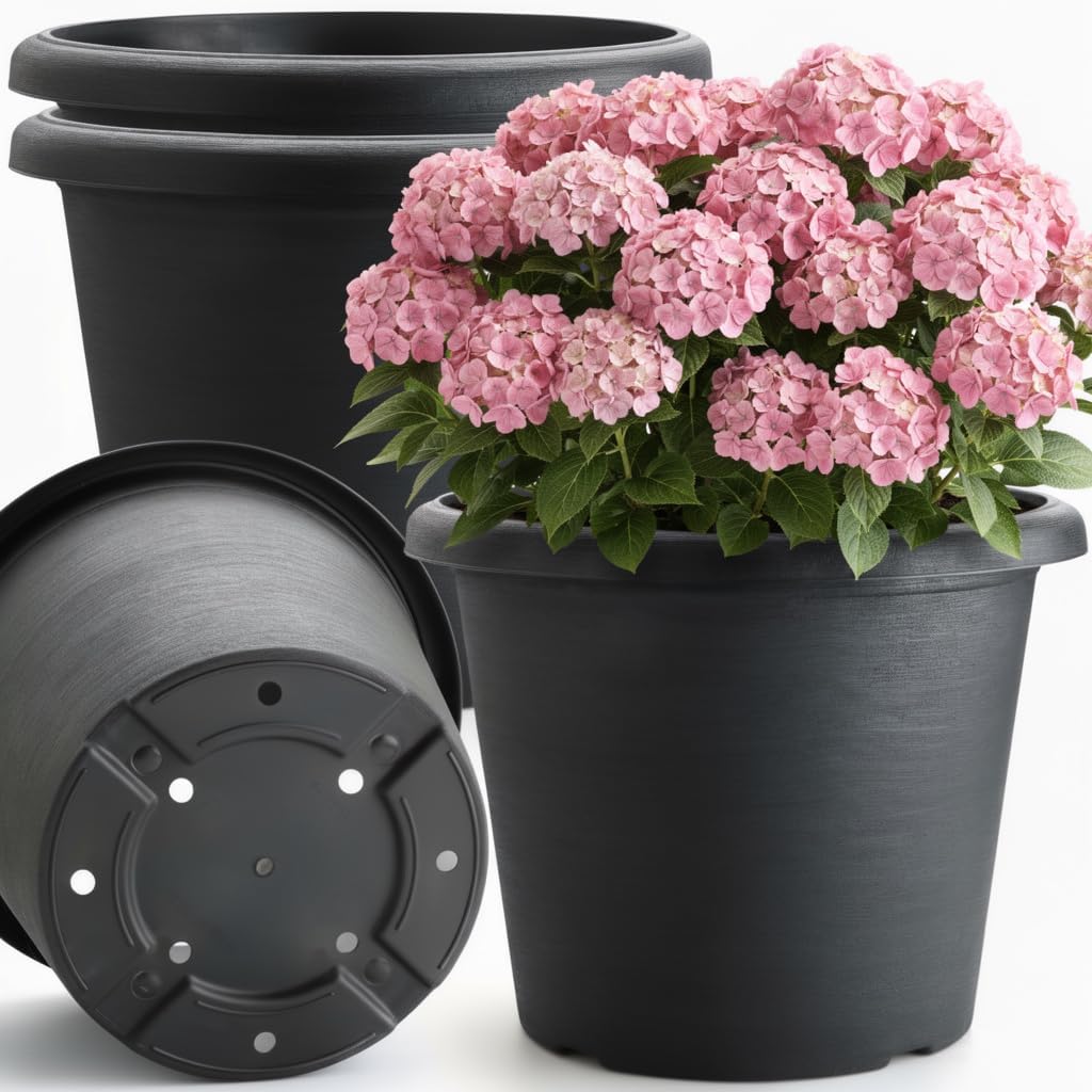 BTPLASTIK Heavy-Duty 4 Pack 14 Inch Plastic Planter Pots with Drainage Holes - Textured Cement Design, 20L Capacity, Raised Base, Durable & Cut-Resistant Large Garden Container